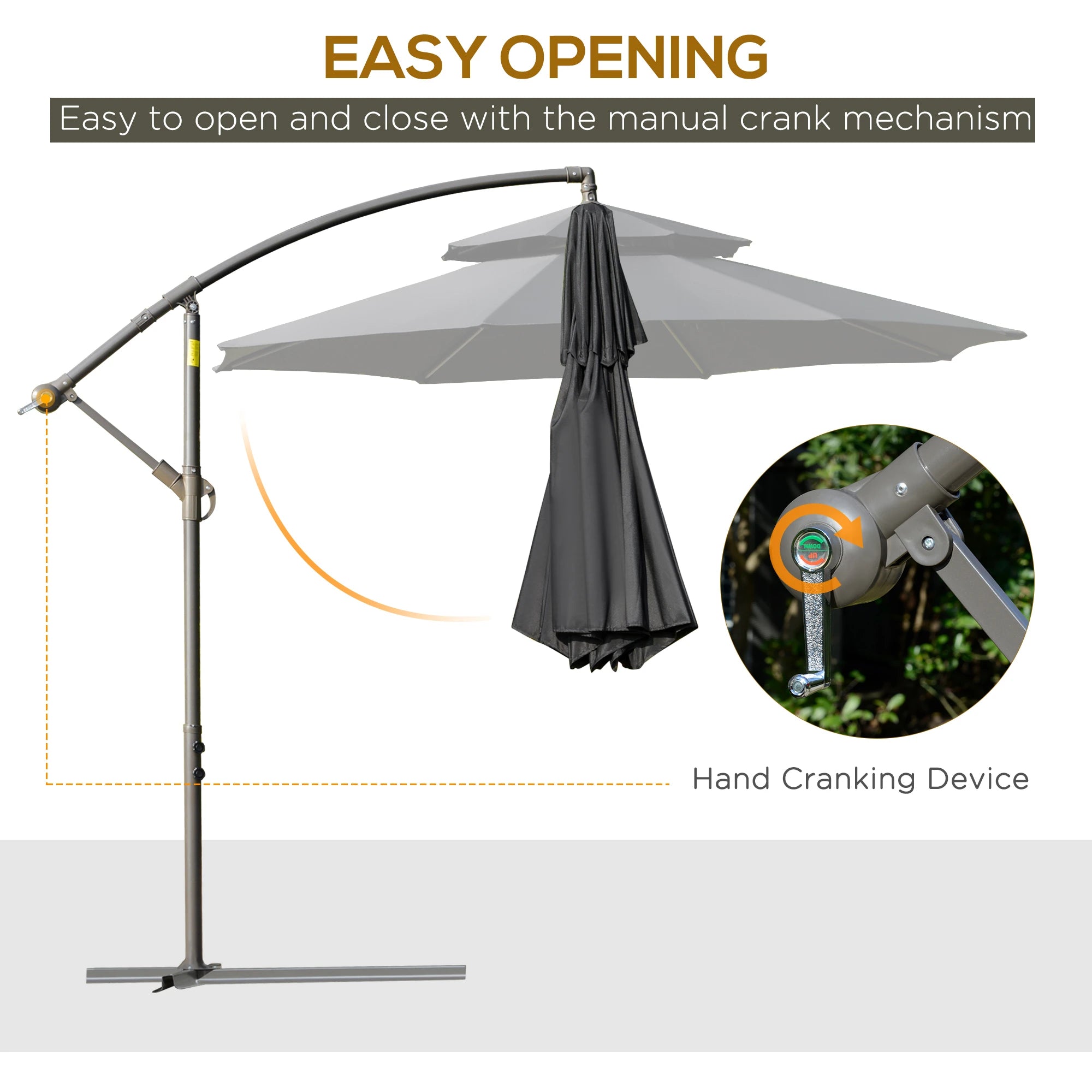 2.7m Banana Parasol Cantilever Umbrella with Crank Handle, Double Tier Canopy and Cross Base for Outdoor, Hanging Sun Shade, Black