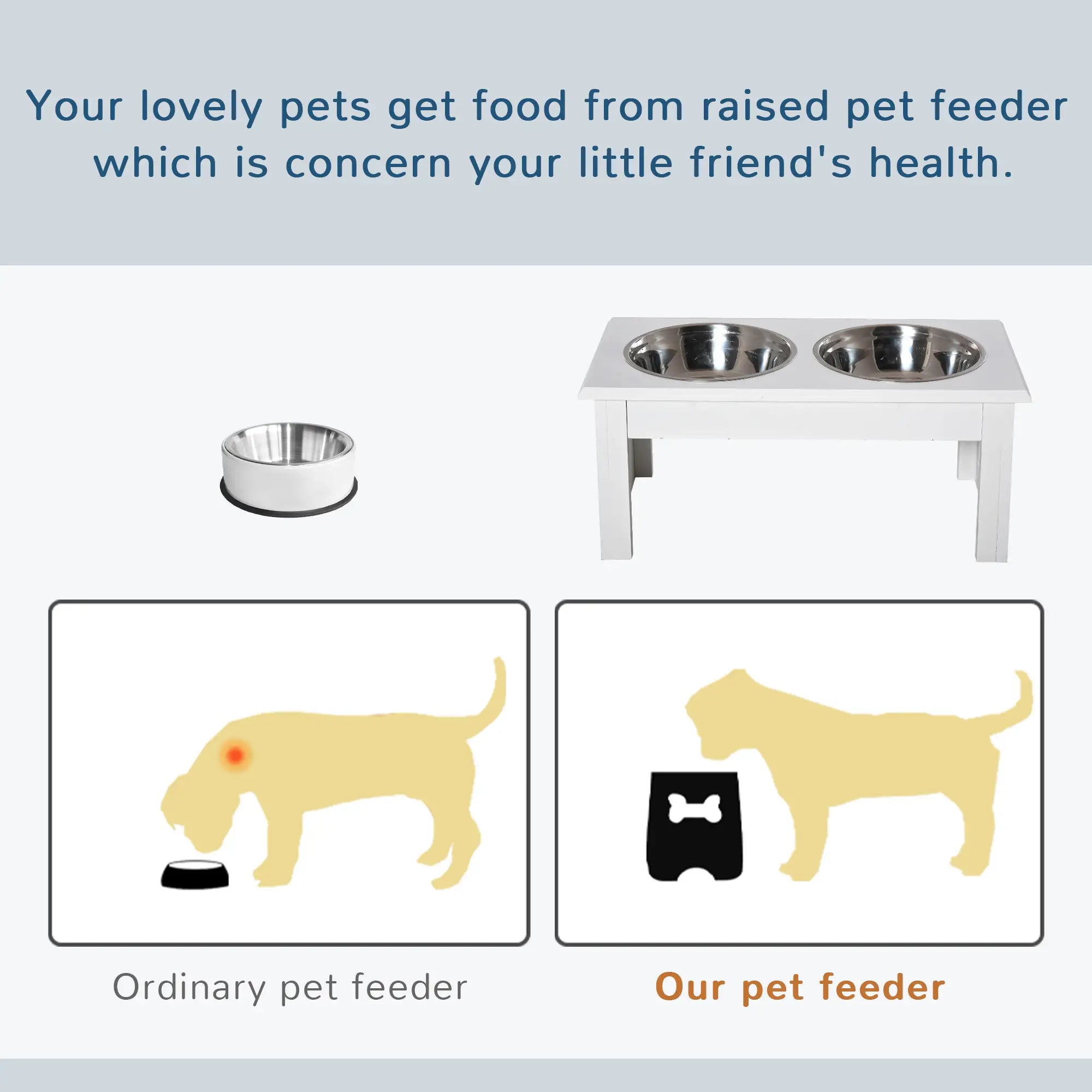 Raised Dog Feeding Bowls with Stand, Stainless Steel for Extra Small and Small Dog, 44L x 24W x 15H cm - White