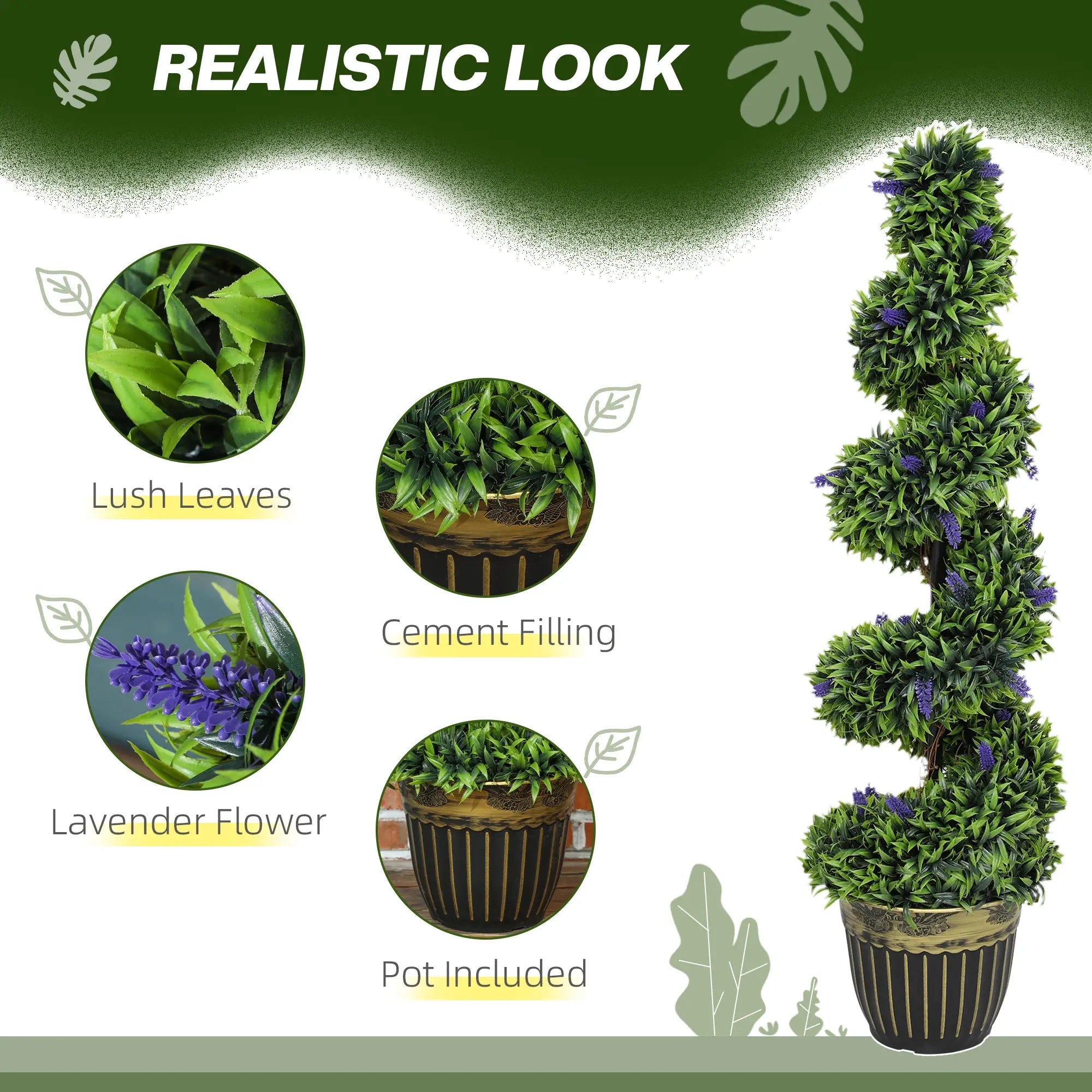 Set of 2 Decorative Artificial Plants, Boxwood Spiral Topiary Tree with Lavender and Pot, Fake Plants for Home Indoor Outdoor Decor, 115cm Bargain Clearance Centre