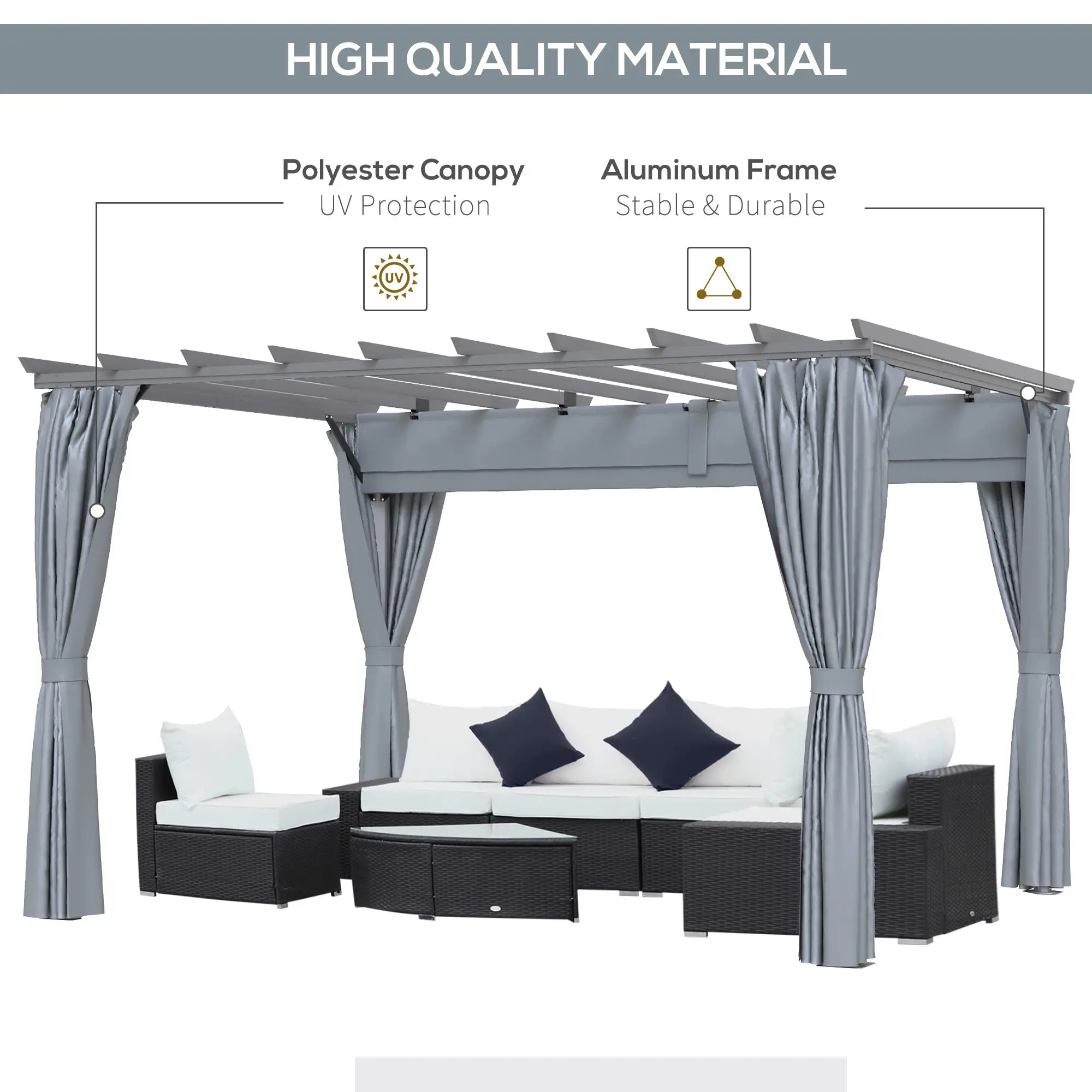 3.6 x 3(m) Outdoor Pergola with Retractable Roof and Curtains, Garden Gazebo Canopy Sun Shade Shelter with Aluminum Frame, Dark Grey