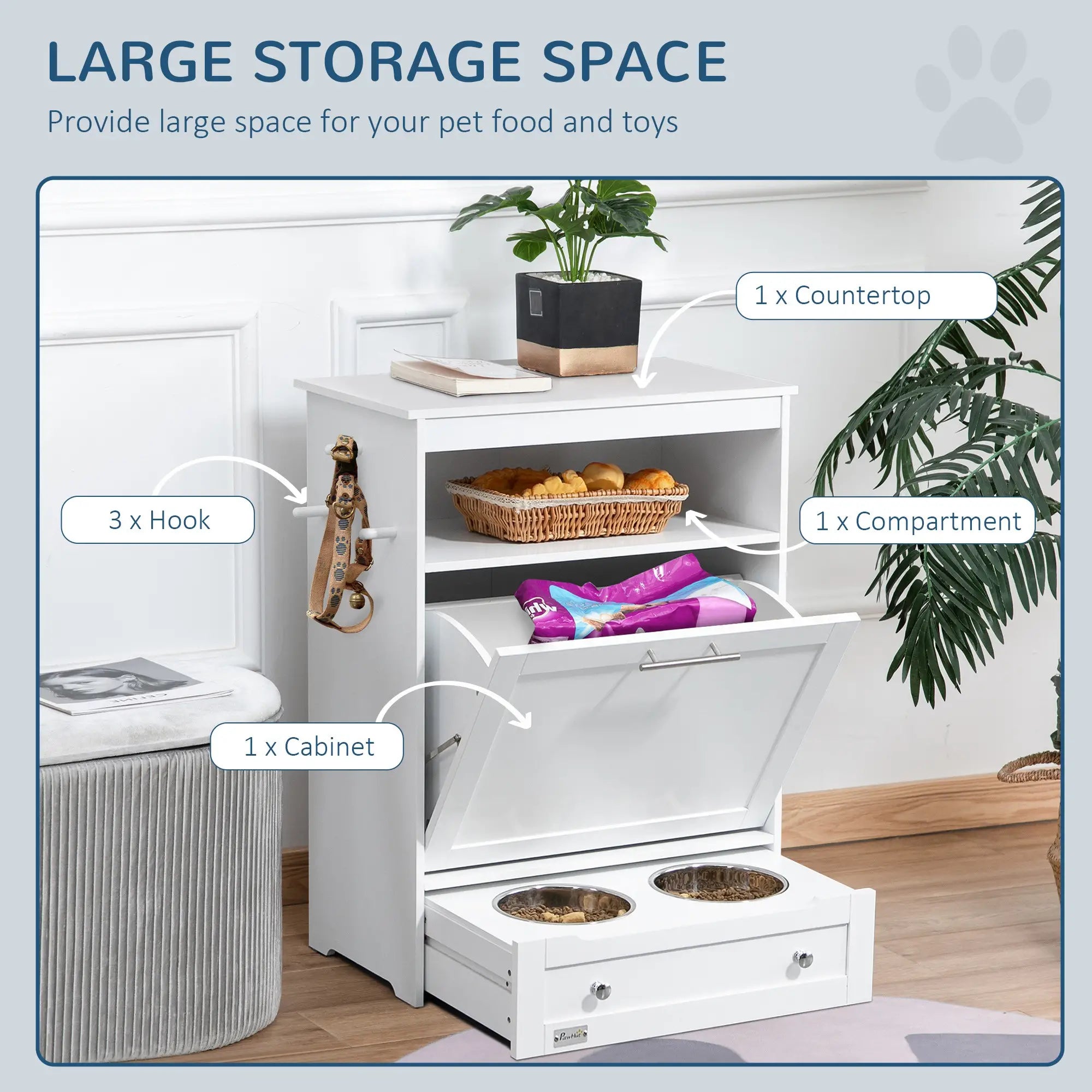 Pet Feeder Station, Dog, Cat Storage Container, with Raised Bowls, Hanger, Cabinet - White