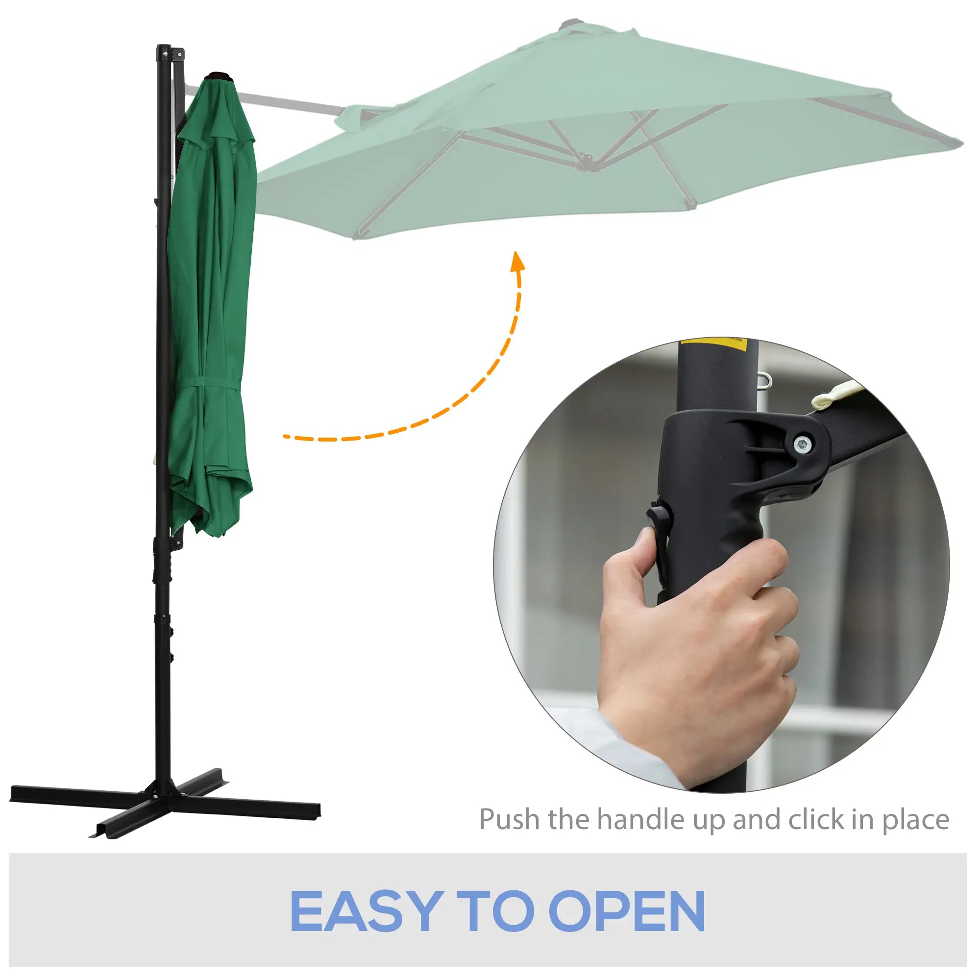 2.5M Garden Cantilever Parasol, Offset Roma Patio Umbrella Hanging Sun Shade Canopy Shelter with 360° Rotation and Cross Base, Green 4