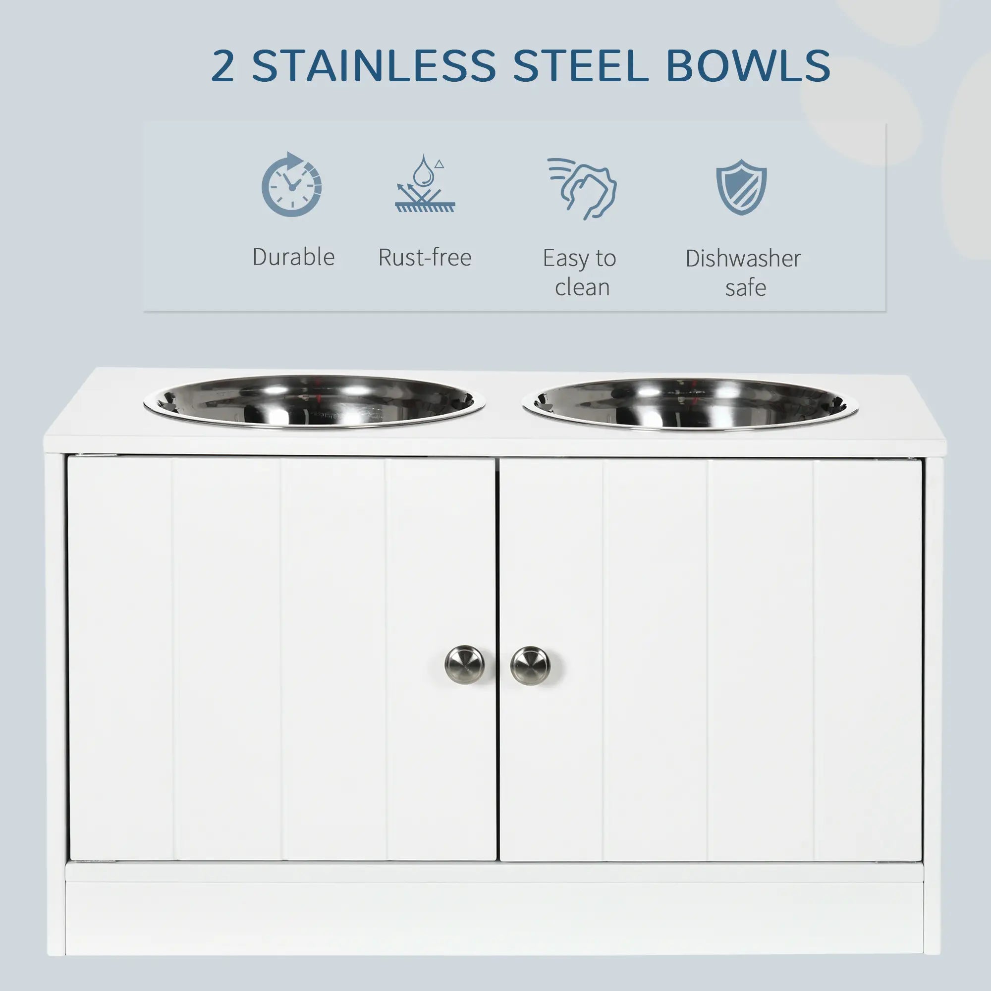 Raised Pet Feeder, with Two Bowls, Storage - White