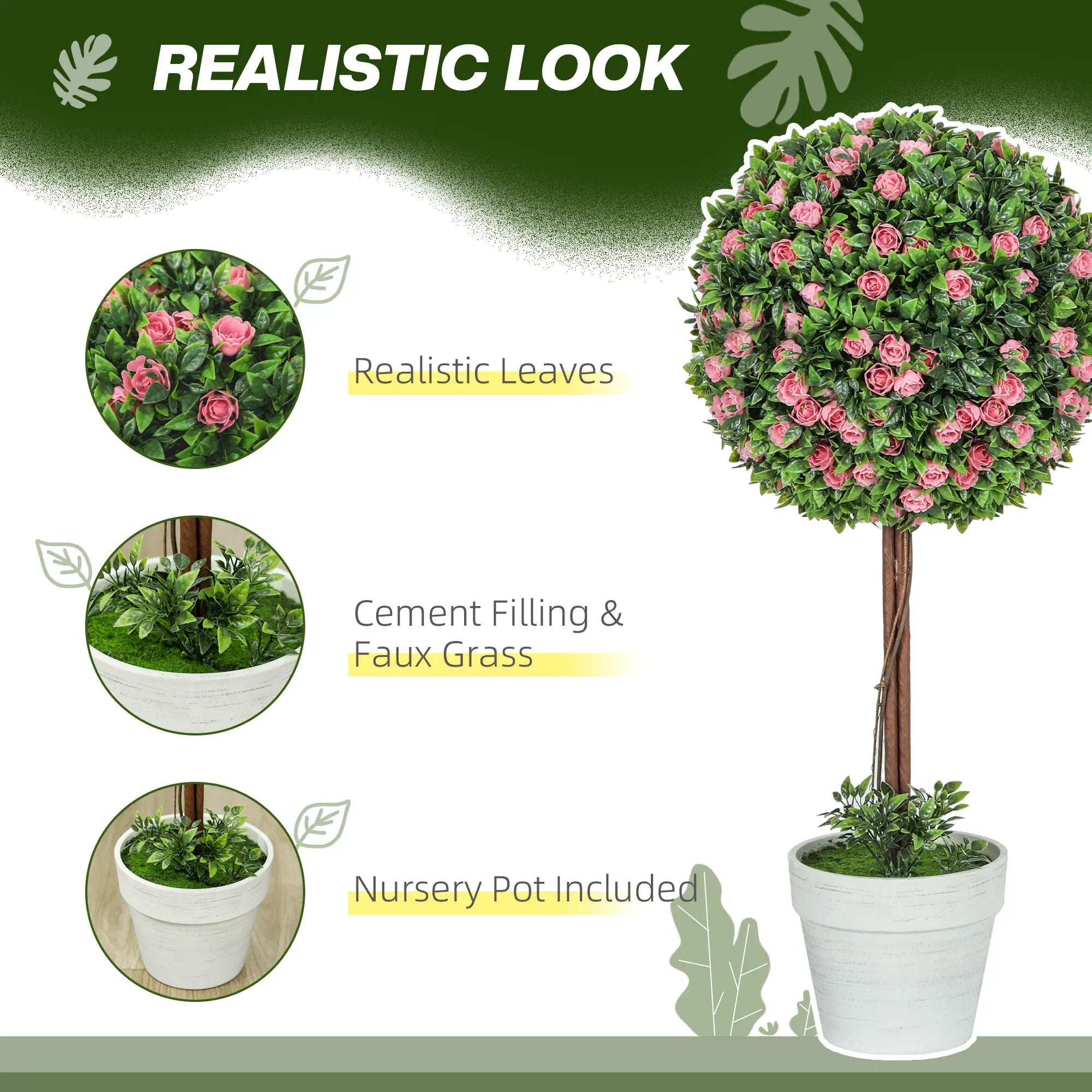 Set of 2 Decorative Artificial Plants, Ball Topiary Tree with Rose Flower in Pot, Fake Plants for Home Indoor Outdoor Decor, 60cm, Pink Bargain Clearance Centre