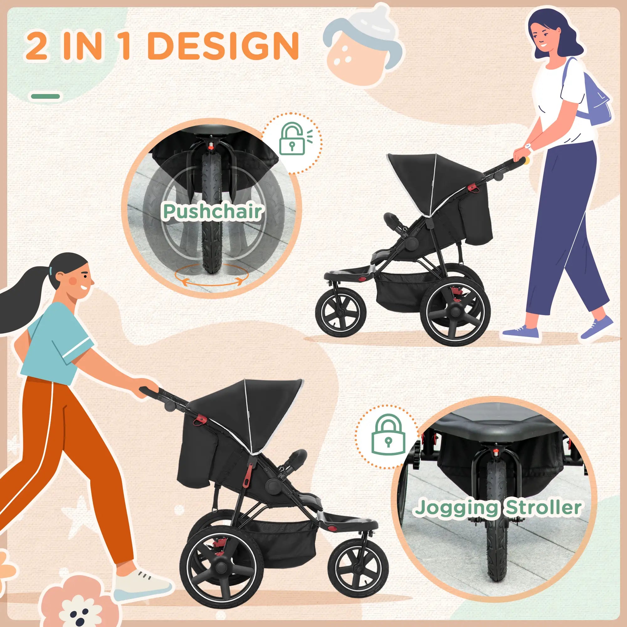 Foldable Three-Wheeler Baby Stroller w/ Canopy, Storage Basket - Black