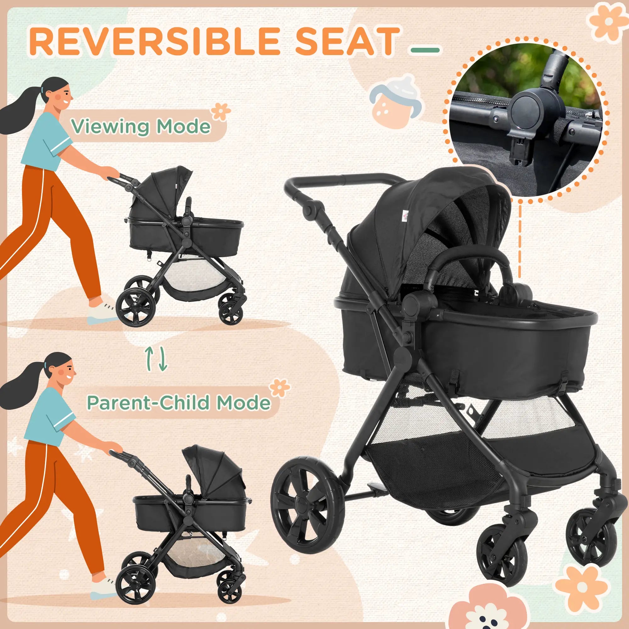 Foldable Baby Stoller, with Reclining Backrest, Adjustable Canopy, for Ages 0-36 Months - Black