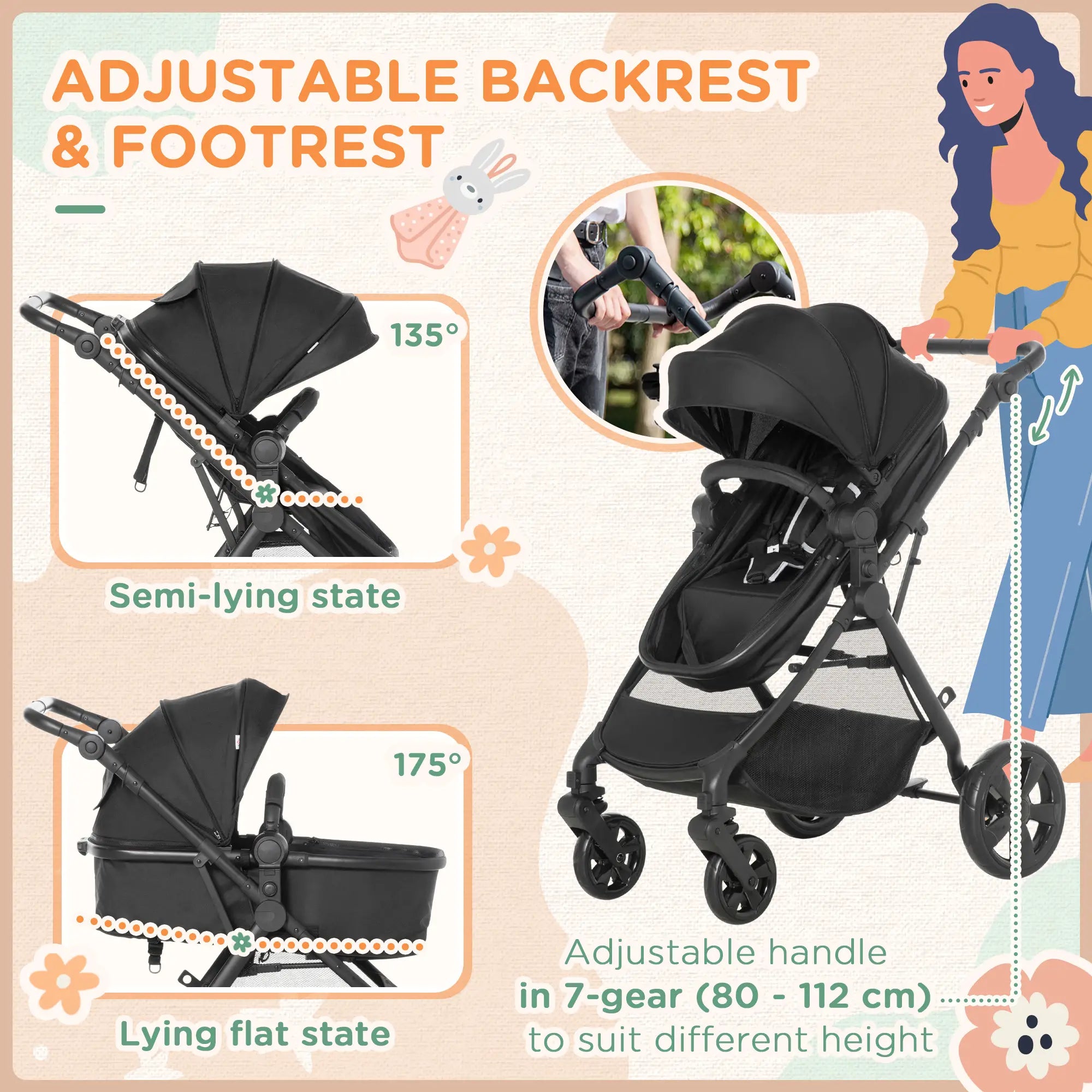 Foldable Baby Stoller, with Reclining Backrest, Adjustable Canopy, for Ages 0-36 Months - Black