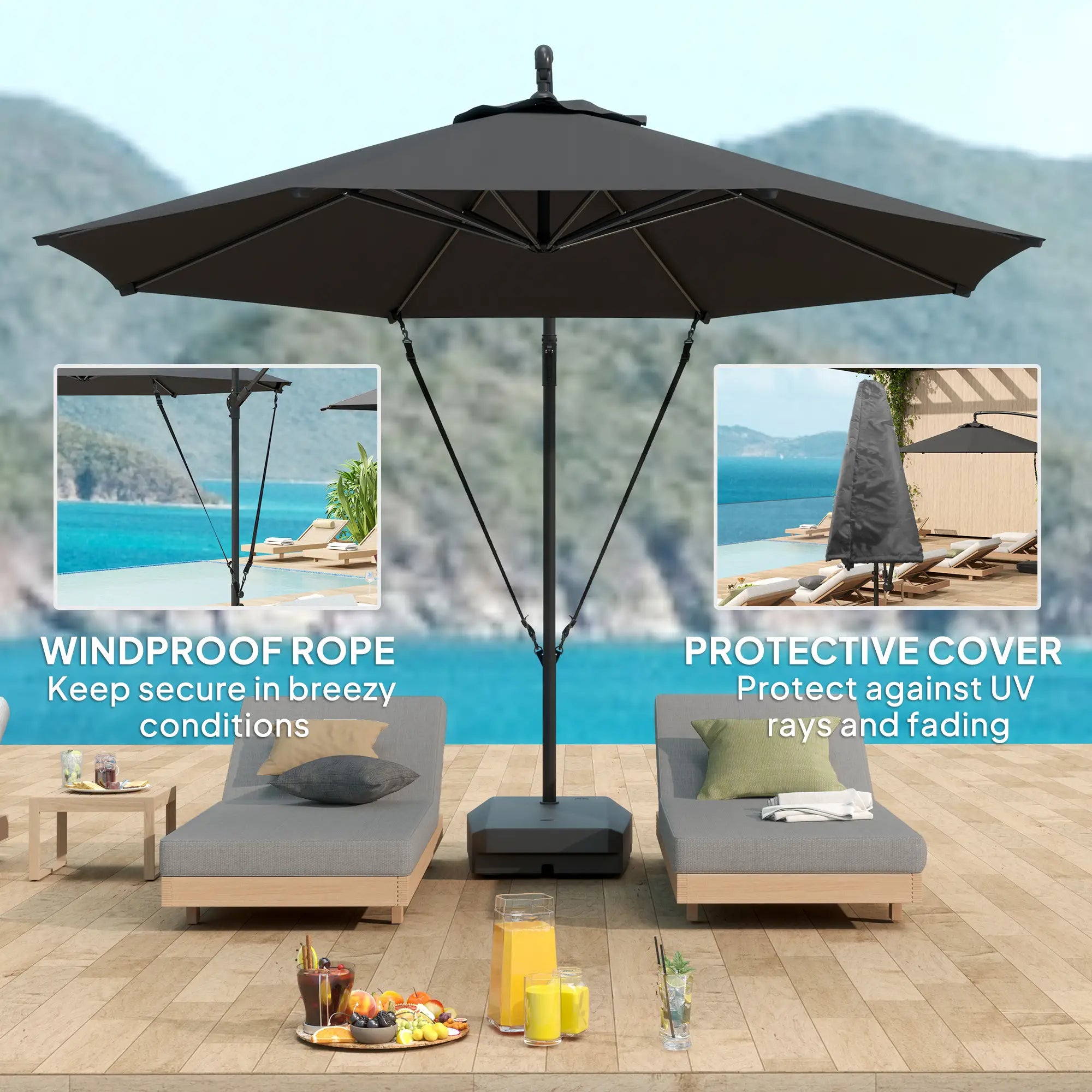 3(m) Garden Cantilever Parasol with Fillable Base up to 90kg, Wind Protection Strap, Cover, Round Banana Hanging Umbrella with Crank Handle and Tilt, UPF50+ Patio Umbrella, Grey
