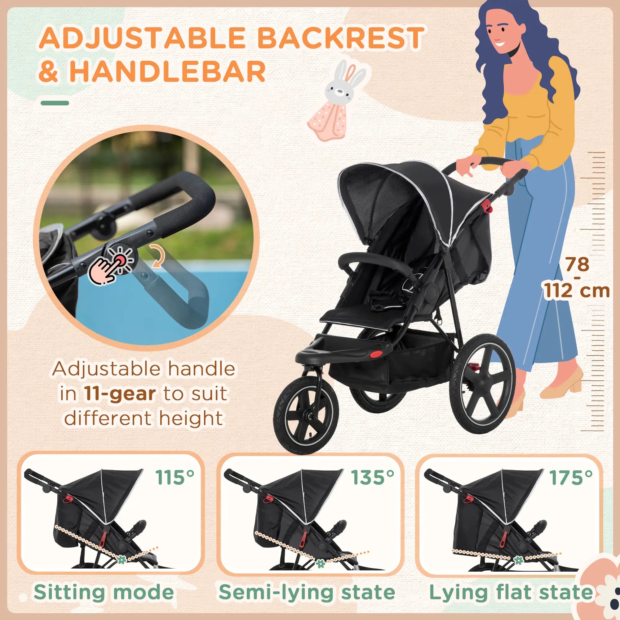 Foldable Three-Wheeler Baby Stroller w/ Canopy, Storage Basket - Black