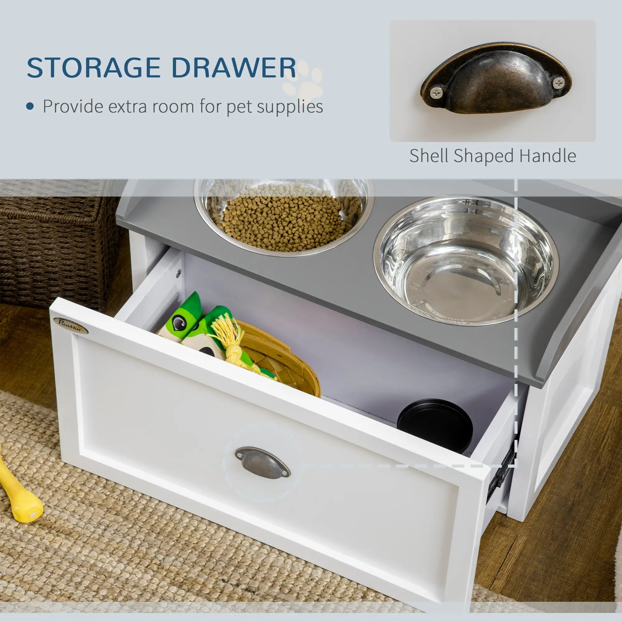 Stainless Steel Raised Dog Bowls, with 21L Storage Drawer for Large Dogs and Cats - White