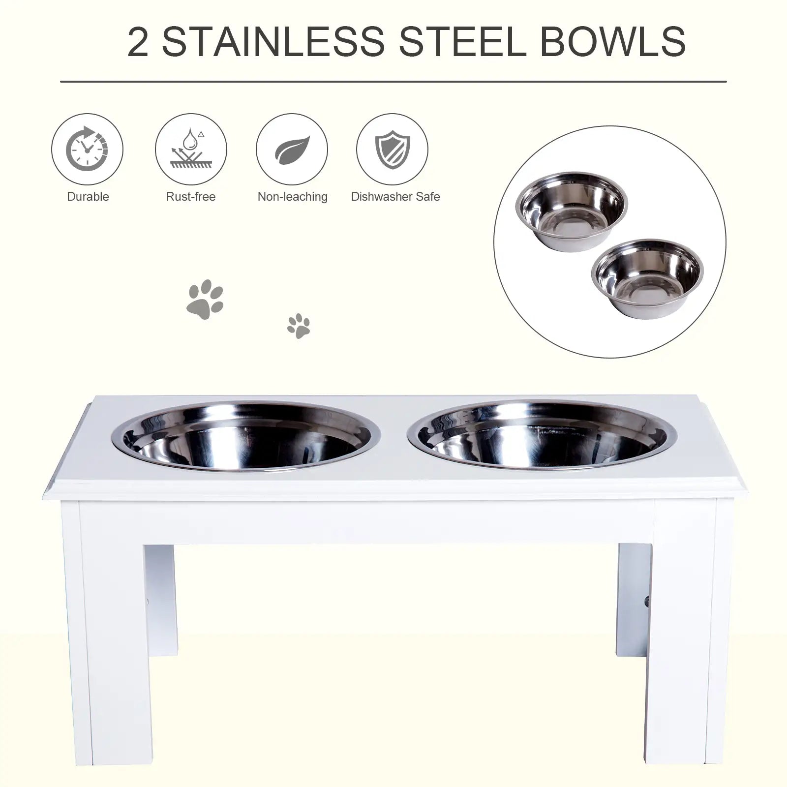 Raised Dog Feeding Bowls with Stand, Stainless Steel for Medium Dog, 58L x 31W x 25H cm - White