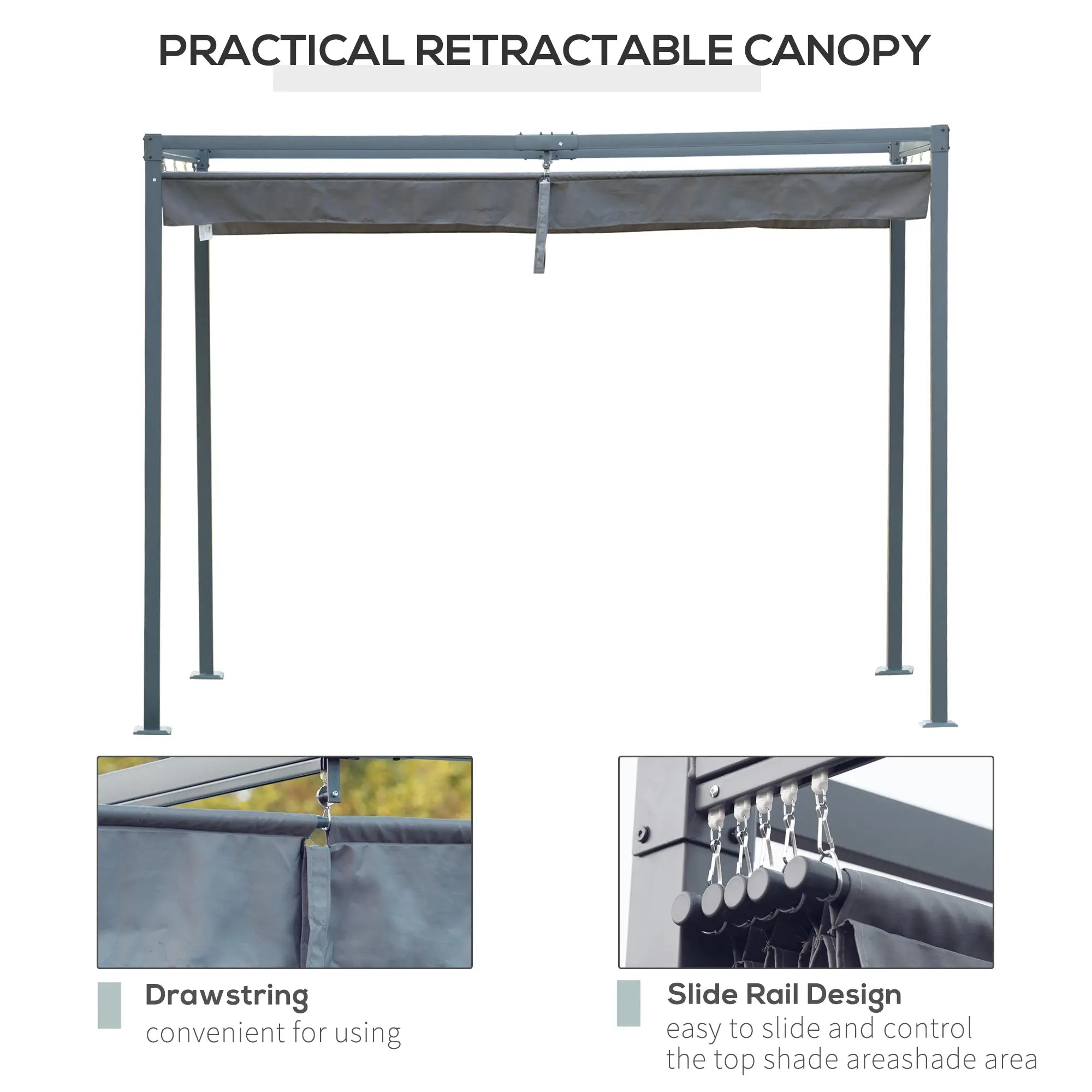 4 x 3(m) Metal Outdoor Pergola with Retractable Roof, Outdoor Gazebo with Drainage Holes for Garden, Patio, Lawn, Grey