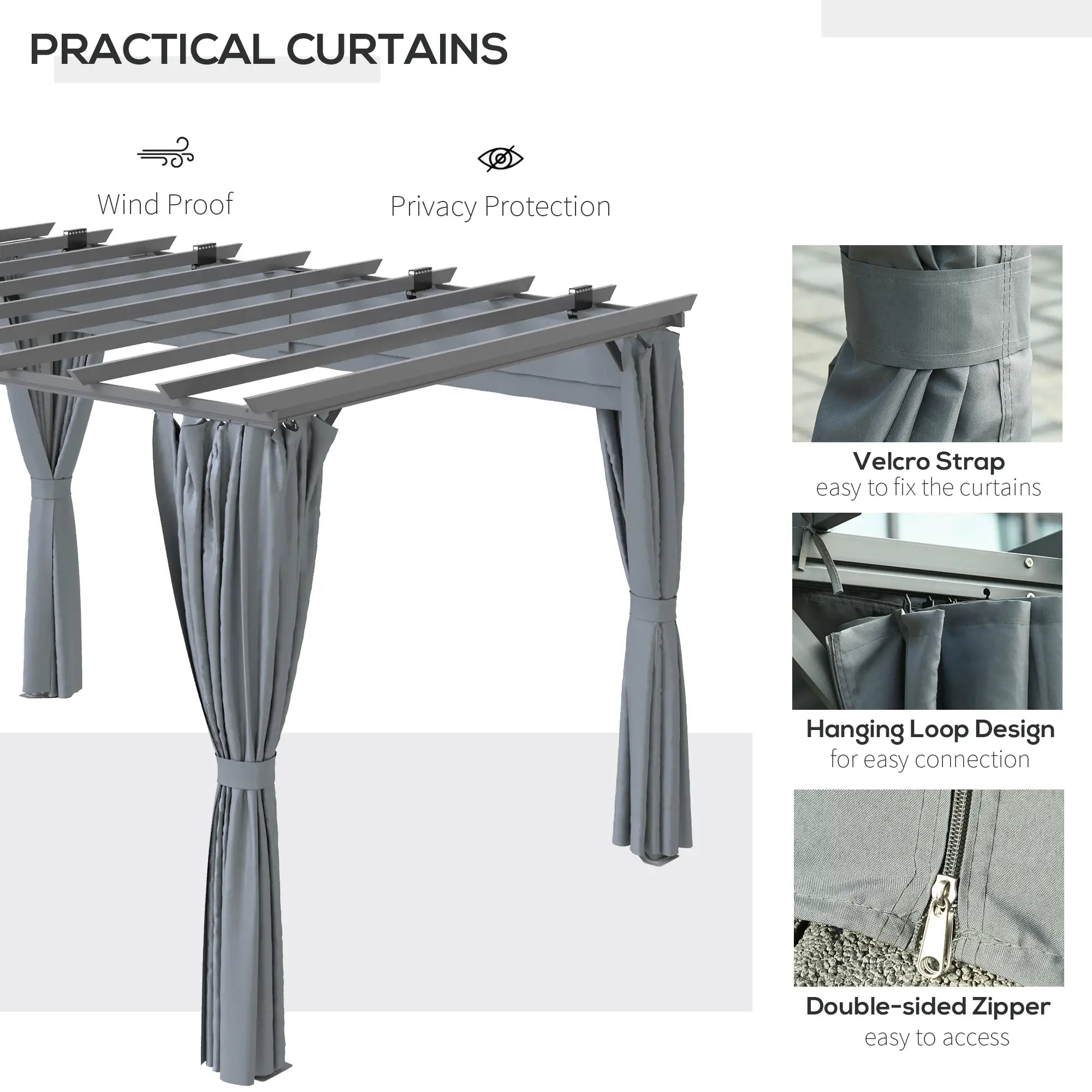 3.6 x 3(m) Outdoor Pergola with Retractable Roof and Curtains, Garden Gazebo Canopy Sun Shade Shelter with Aluminum Frame, Dark Grey