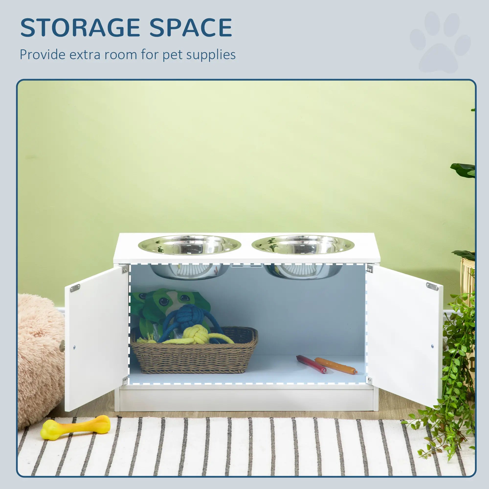 Raised Pet Feeder, with Two Bowls, Storage - White
