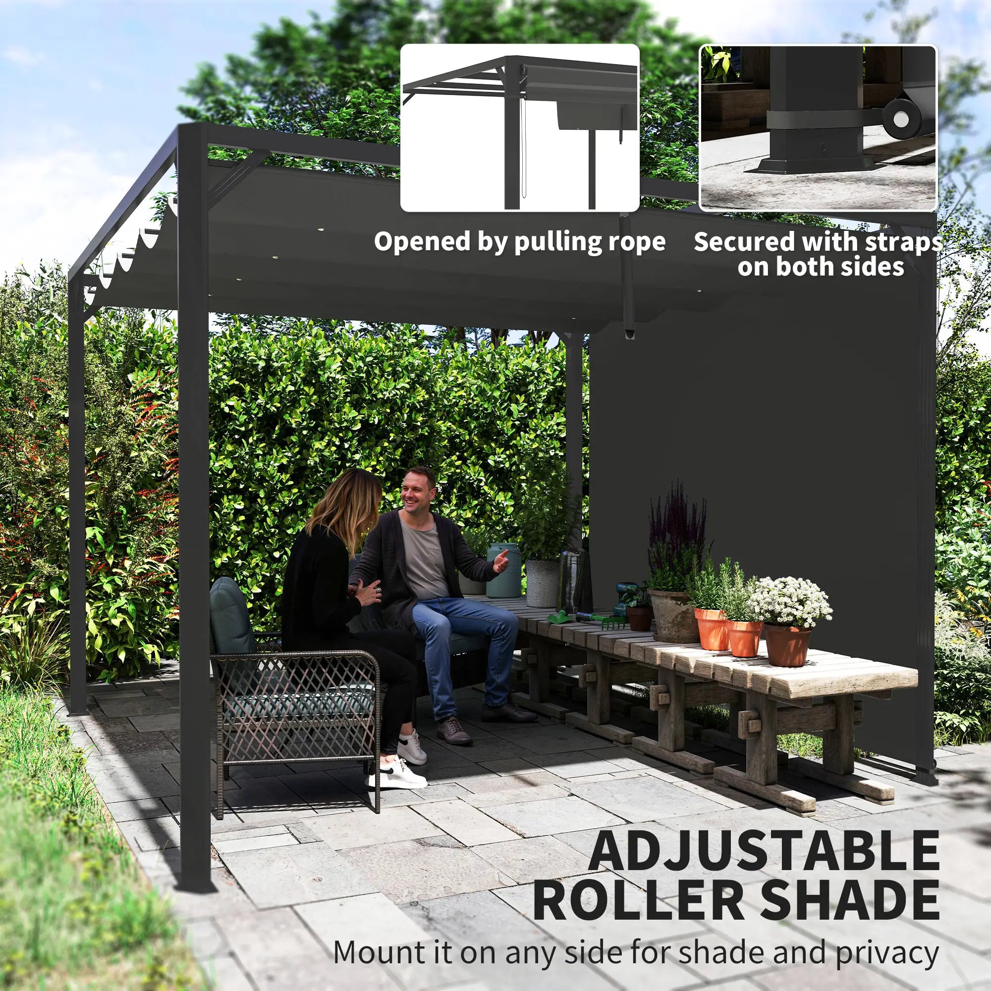 3 x 3m Aluminium Pergola, with Retractable Roof and Wall - Dark Grey