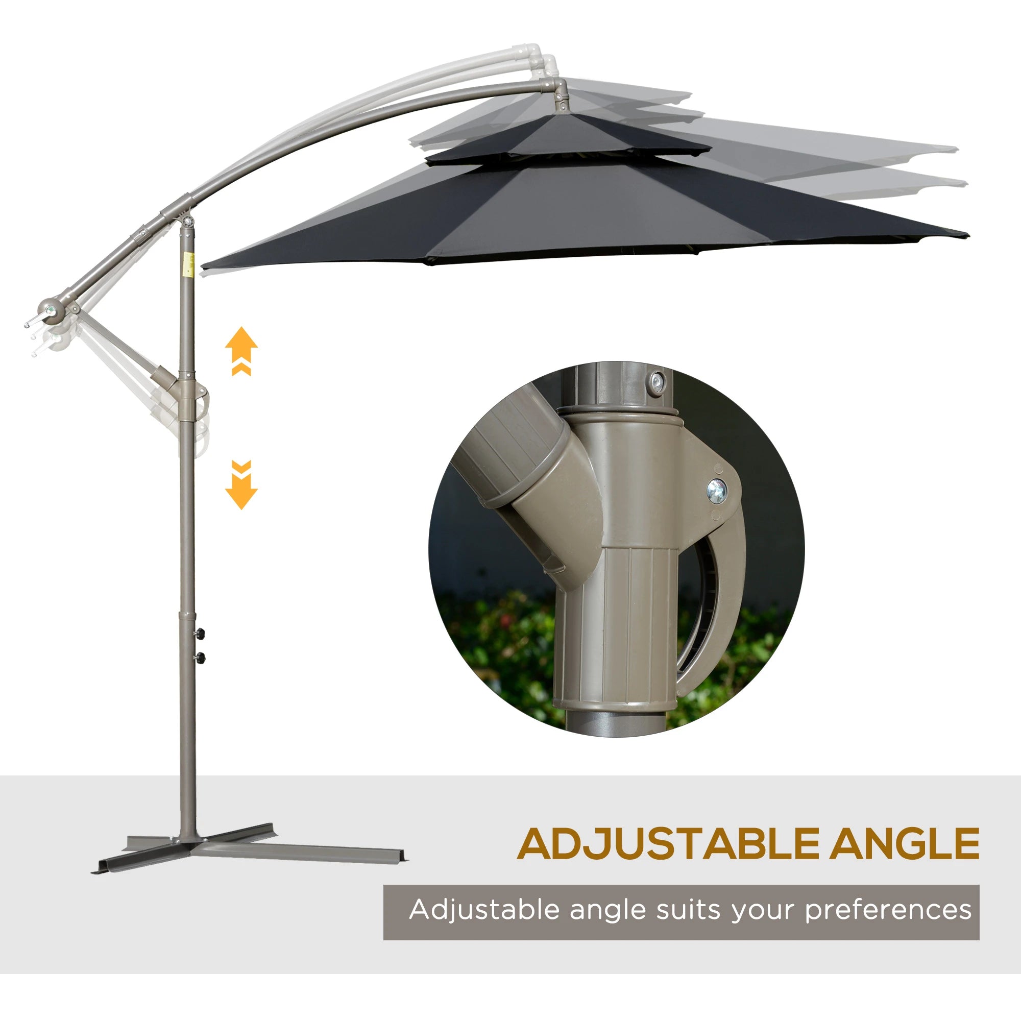 2.7m Banana Parasol Cantilever Umbrella with Crank Handle, Double Tier Canopy and Cross Base for Outdoor, Hanging Sun Shade, Black