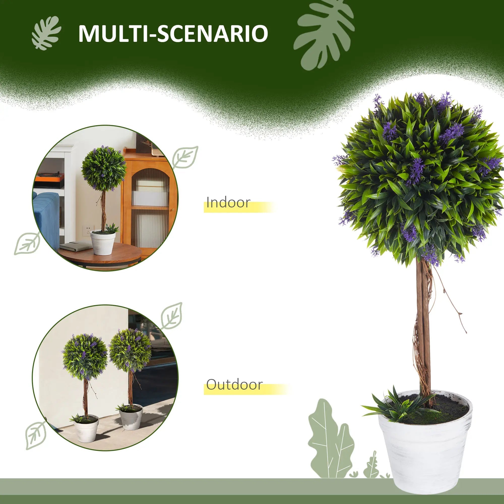 Set of 2 Decorative Artificial Plants Ball Trees with Lavender Flowers in Pot Fake Plants for Home Indoor Outdoor Decor, 60cm, Green Bargain Clearance Centre