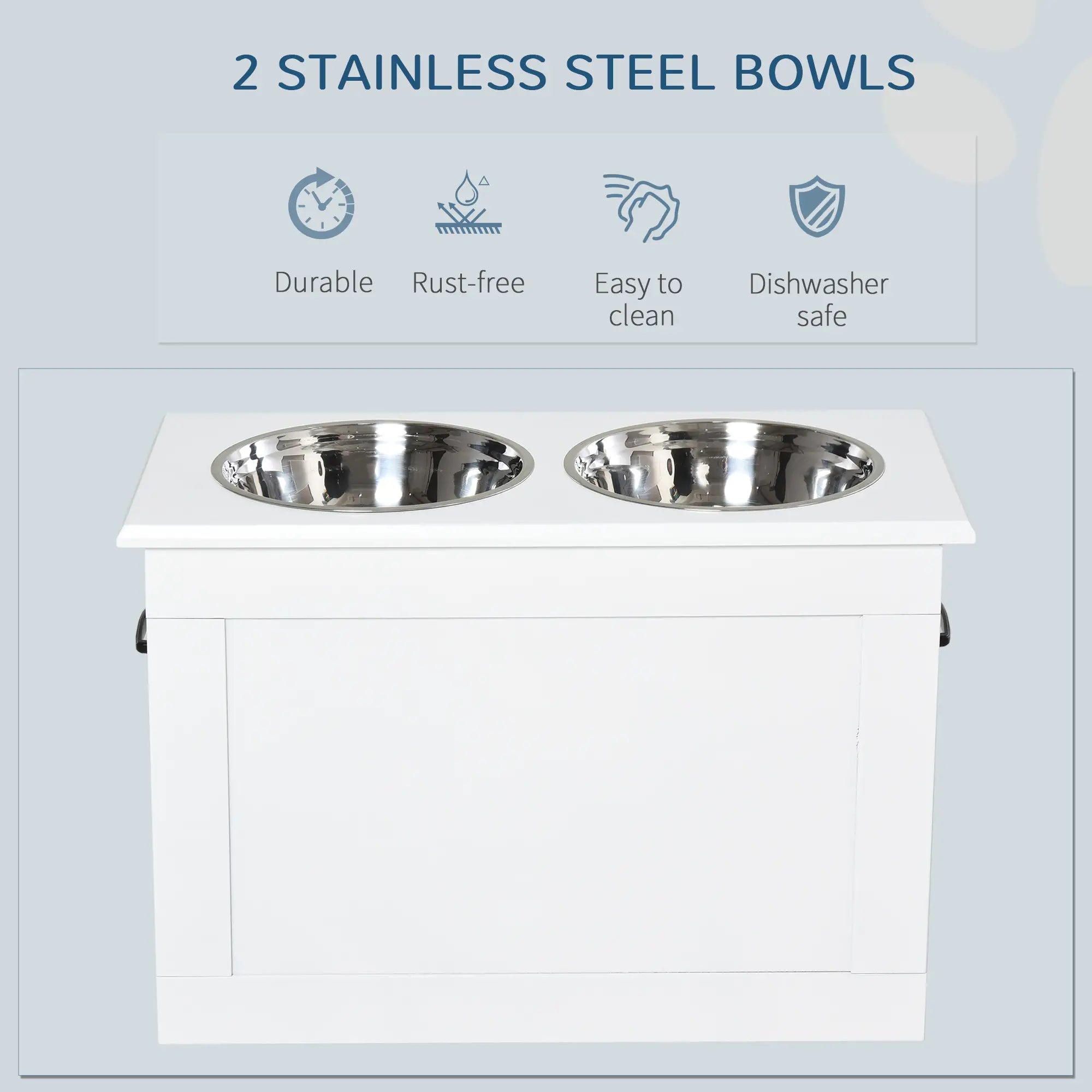 Raised Dog Bowls, with Storage, Two Stainless Steel Bowls, Elevated Base - White