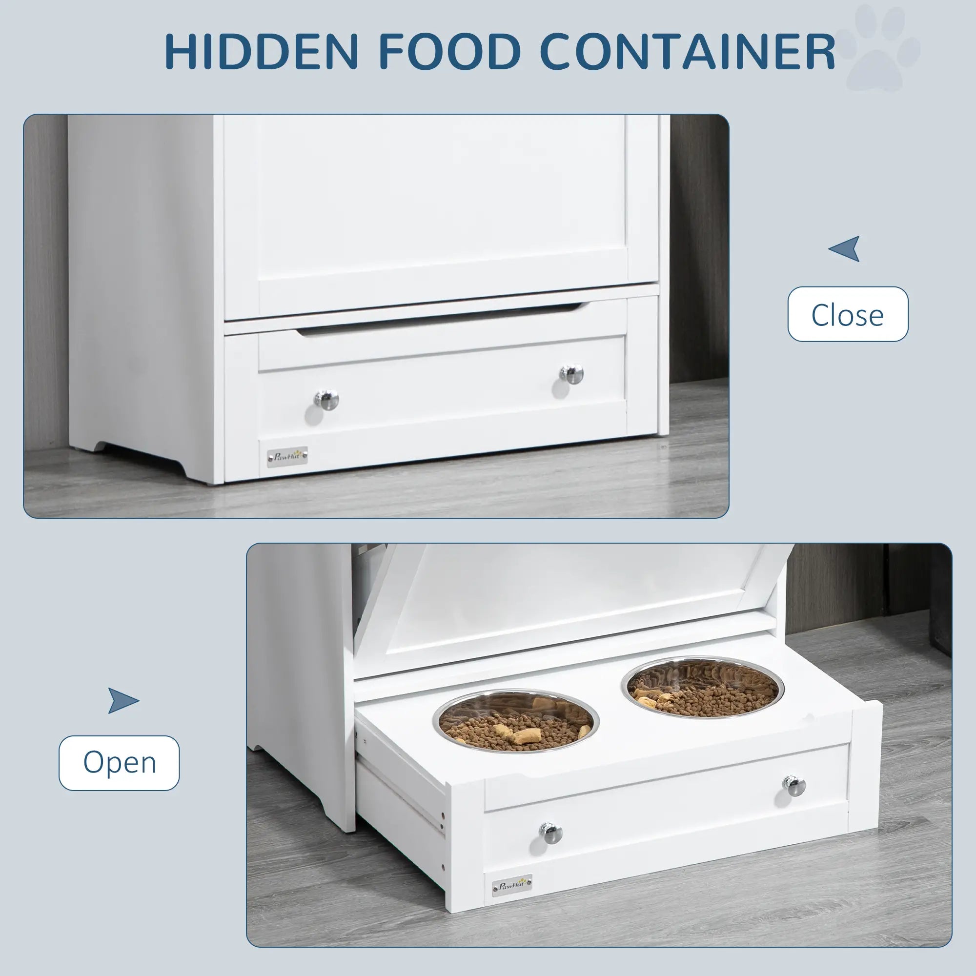 Pet Feeder Station, Dog, Cat Storage Container, with Raised Bowls, Hanger, Cabinet - White