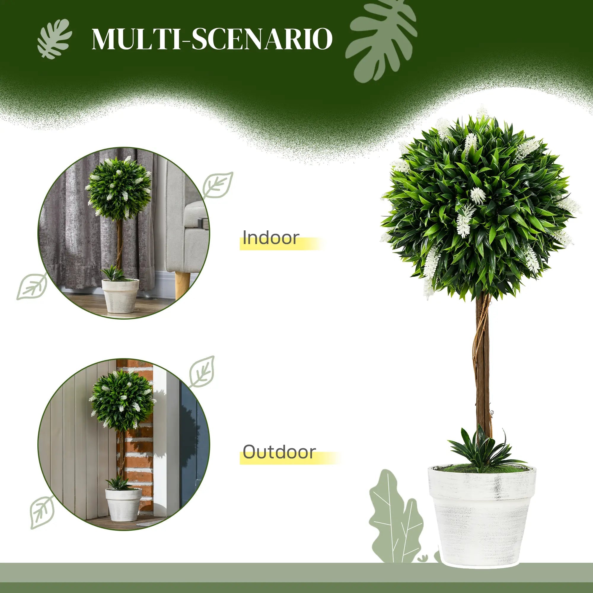 Set of 2 Decorative Artificial Plants Ball Trees with Flower for Home Indoor Outdoor Decor, 60cm ,White Bargain Clearance Centre