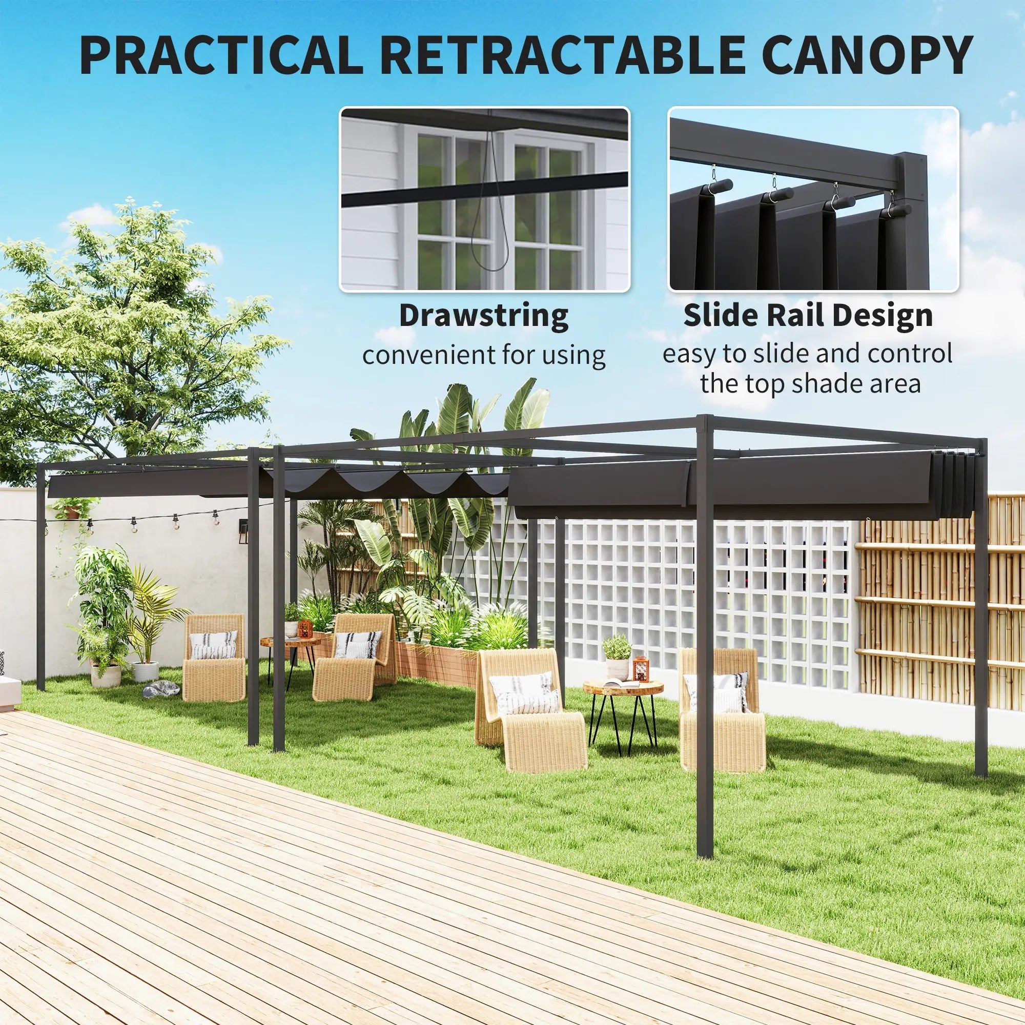 4 x 3m Metal Pergola, with Retractable Canopy Roof - Black Bargain Clearance Centre