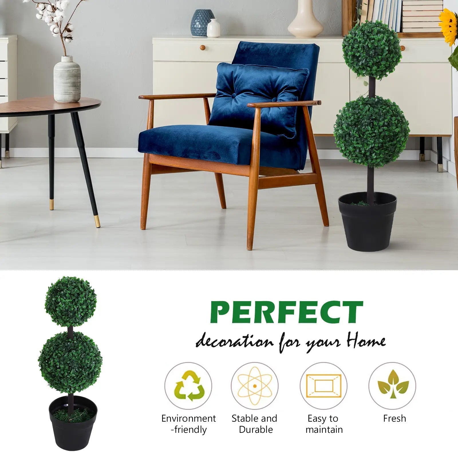 Set of 2 Artificial Boxwood Ball Topiary Trees Potted Decorative Plant Outdoor and Indoor Décor (67cm) Bargain Clearance Centre