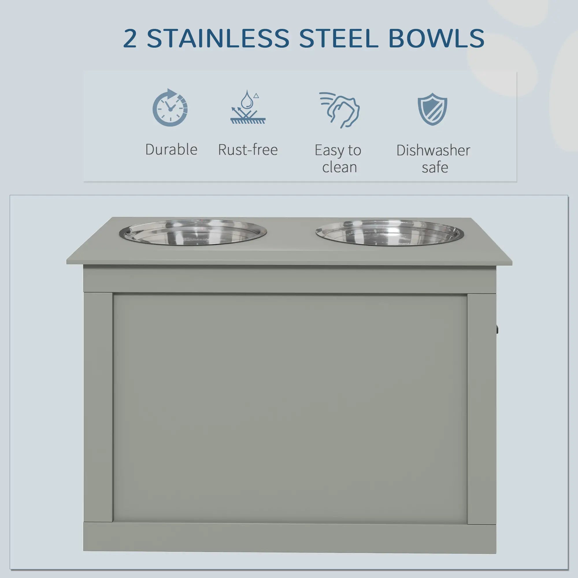 Raised Dog Bowls, with Storage, Two Stainless Steel Bowls, Elevated Base - Grey