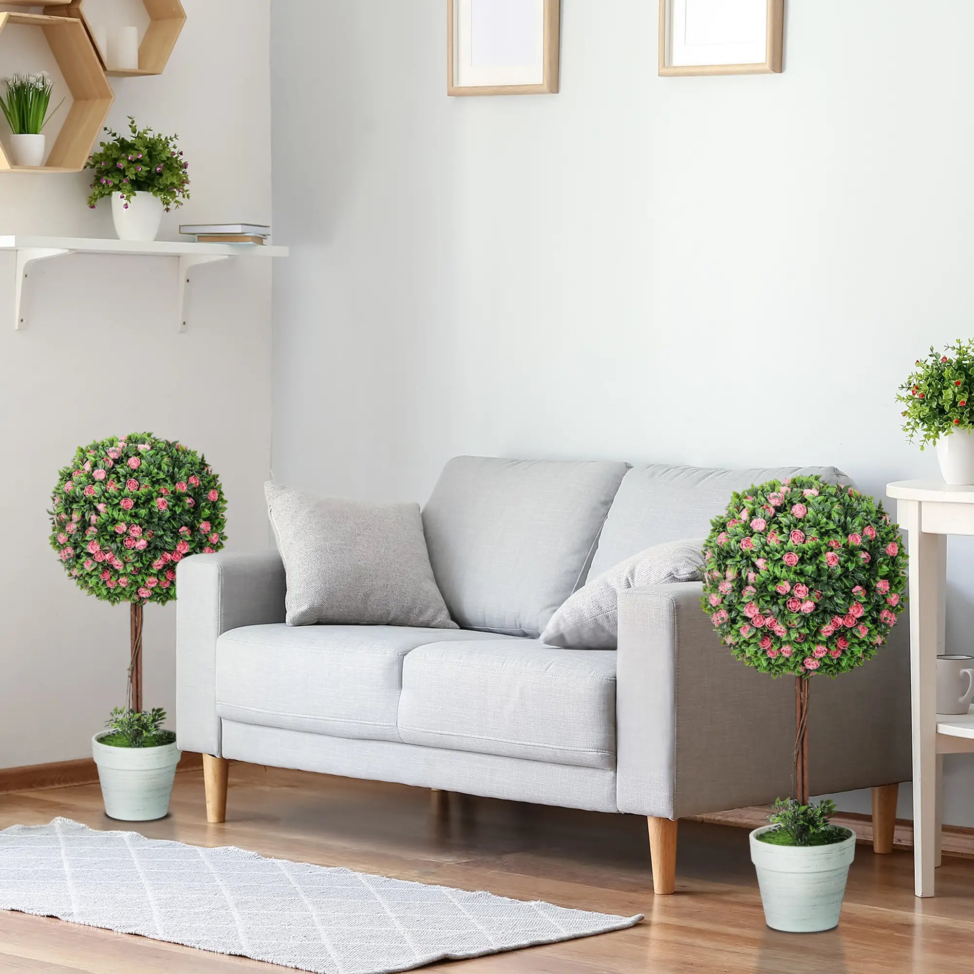 Set of 2 Decorative Artificial Plants, Ball Topiary Tree with Rose Flower in Pot, Fake Plants for Home Indoor Outdoor Decor, 60cm, Pink Bargain Clearance Centre