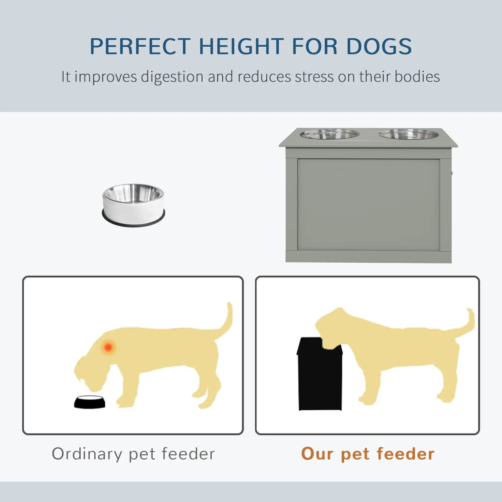 Raised Dog Bowls, with Storage, Two Stainless Steel Bowls, Elevated Base - Grey