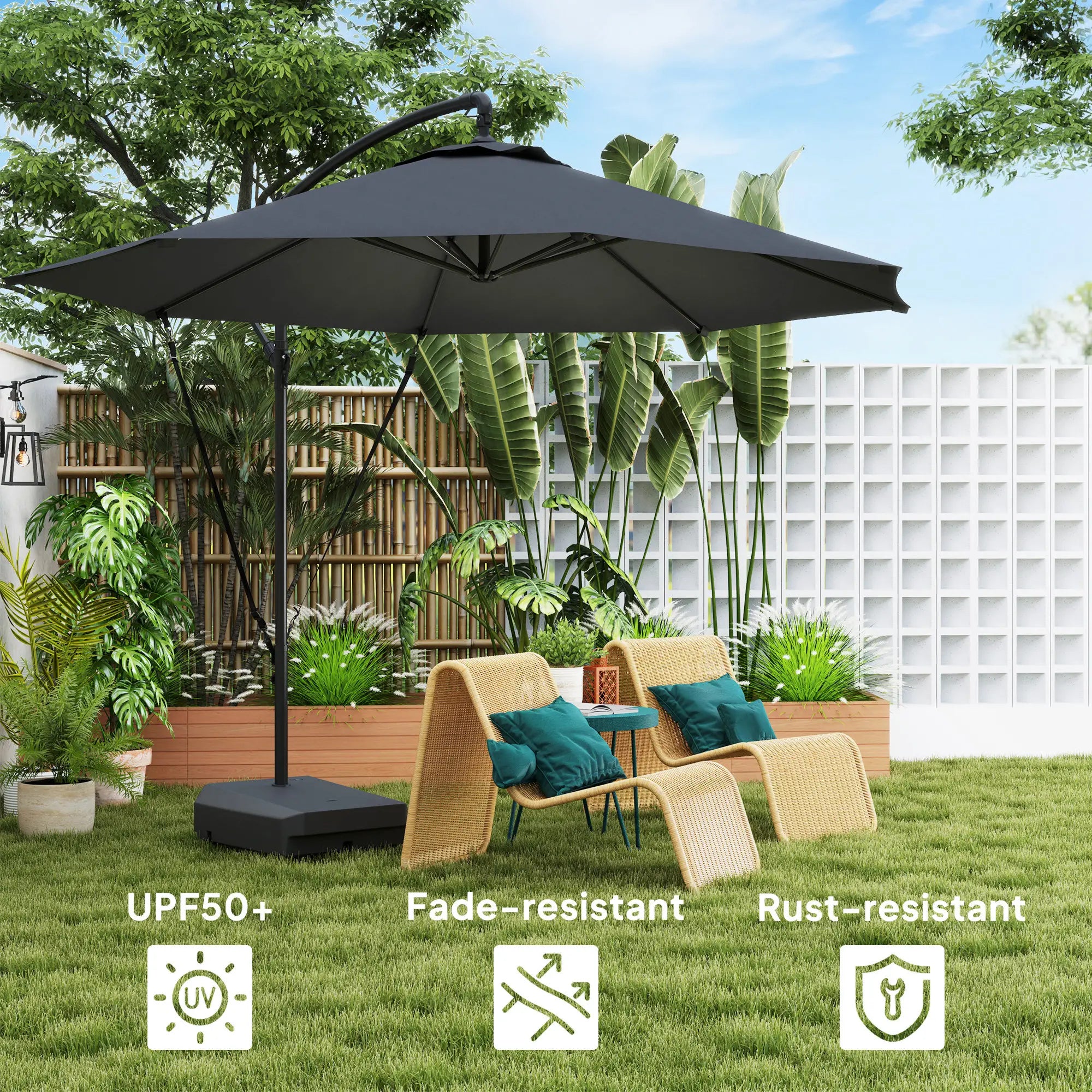 3(m) Garden Cantilever Parasol with Fillable Base up to 90kg, Wind Protection Strap, Cover, Round Banana Hanging Umbrella with Crank Handle and Tilt, UPF50+ Patio Umbrella, Grey