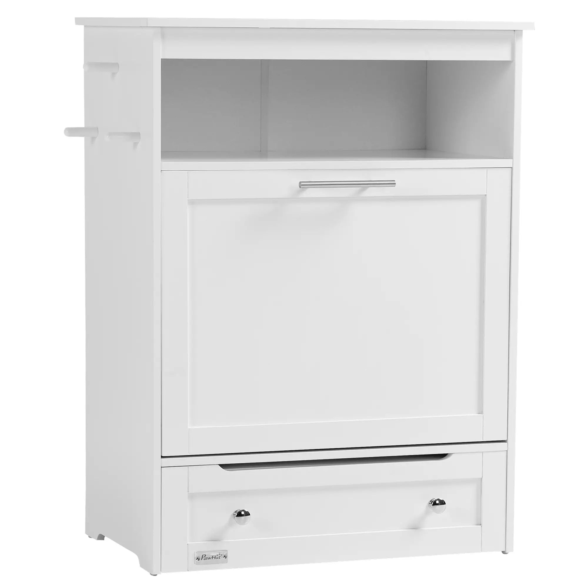 Pet Feeder Station, Dog, Cat Storage Container, with Raised Bowls, Hanger, Cabinet - White