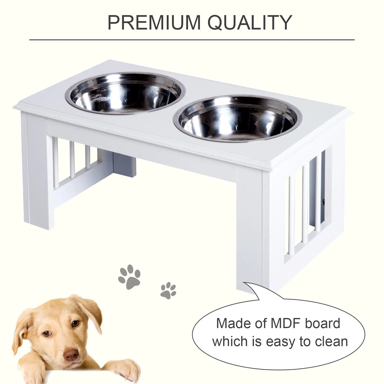 Raised Dog Feeding Bowls with Stand, Stainless Steel for Medium Dog, 58L x 31W x 25H cm - White