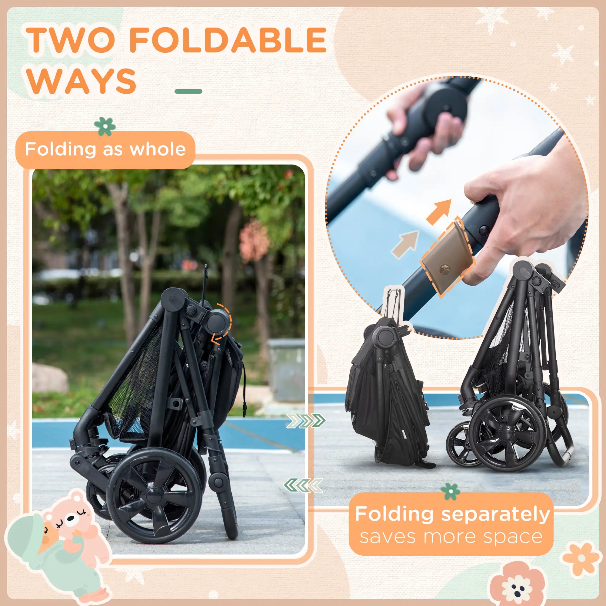 Foldable Baby Stoller, with Reclining Backrest, Adjustable Canopy, for Ages 0-36 Months - Black
