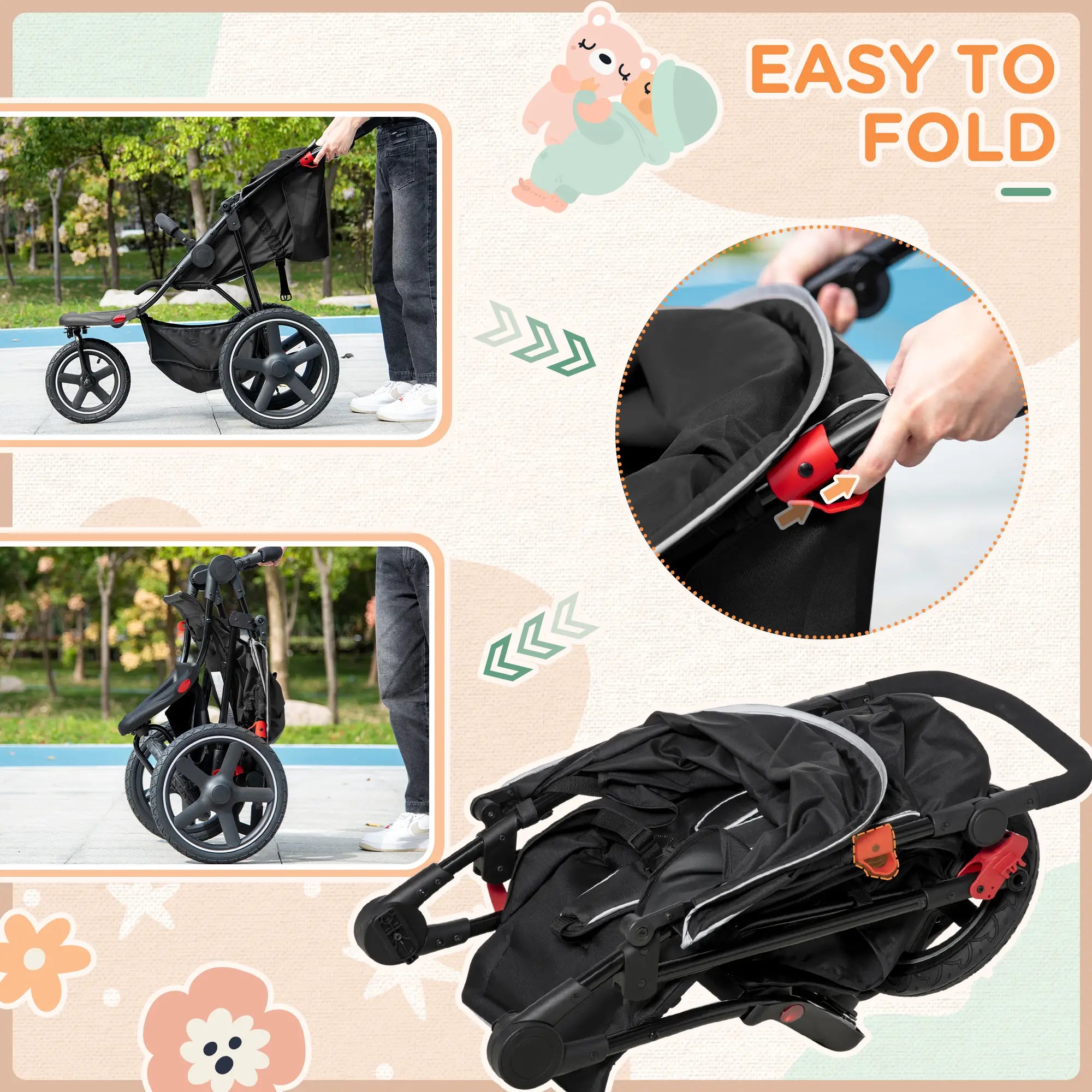 Foldable Three-Wheeler Baby Stroller w/ Canopy, Storage Basket - Black