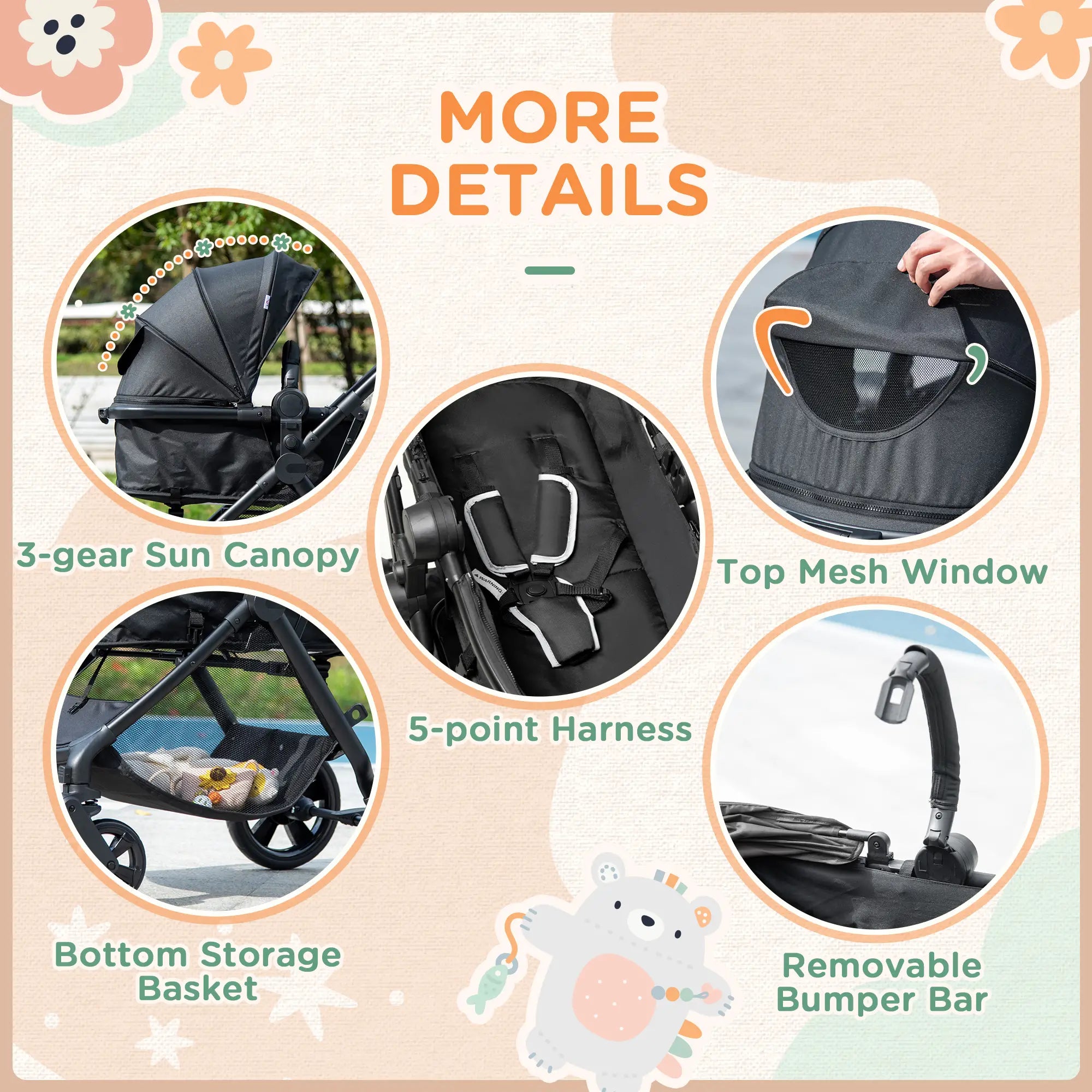 Foldable Baby Stoller, with Reclining Backrest, Adjustable Canopy, for Ages 0-36 Months - Black