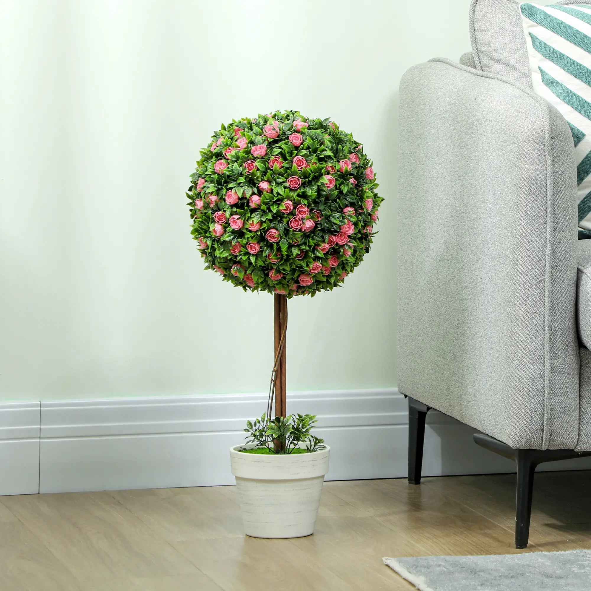 Set of 2 Decorative Artificial Plants, Ball Topiary Tree with Rose Flower in Pot, Fake Plants for Home Indoor Outdoor Decor, 60cm, Pink Bargain Clearance Centre