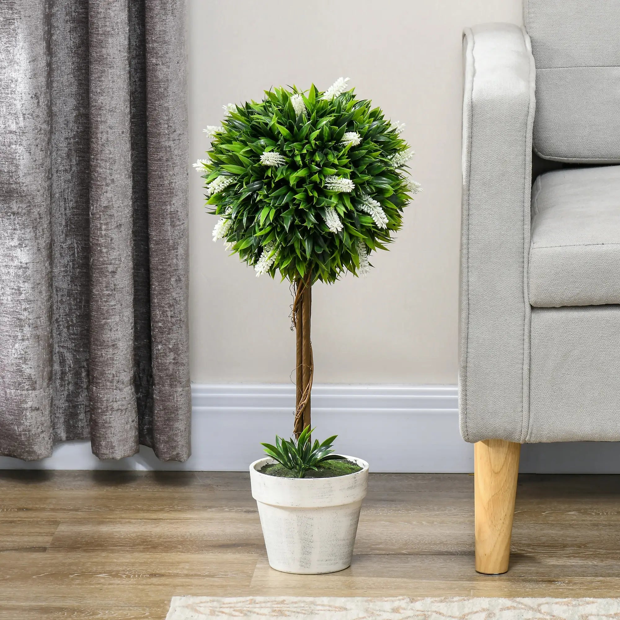 Set of 2 Decorative Artificial Plants Ball Trees with Flower for Home Indoor Outdoor Decor, 60cm ,White Bargain Clearance Centre