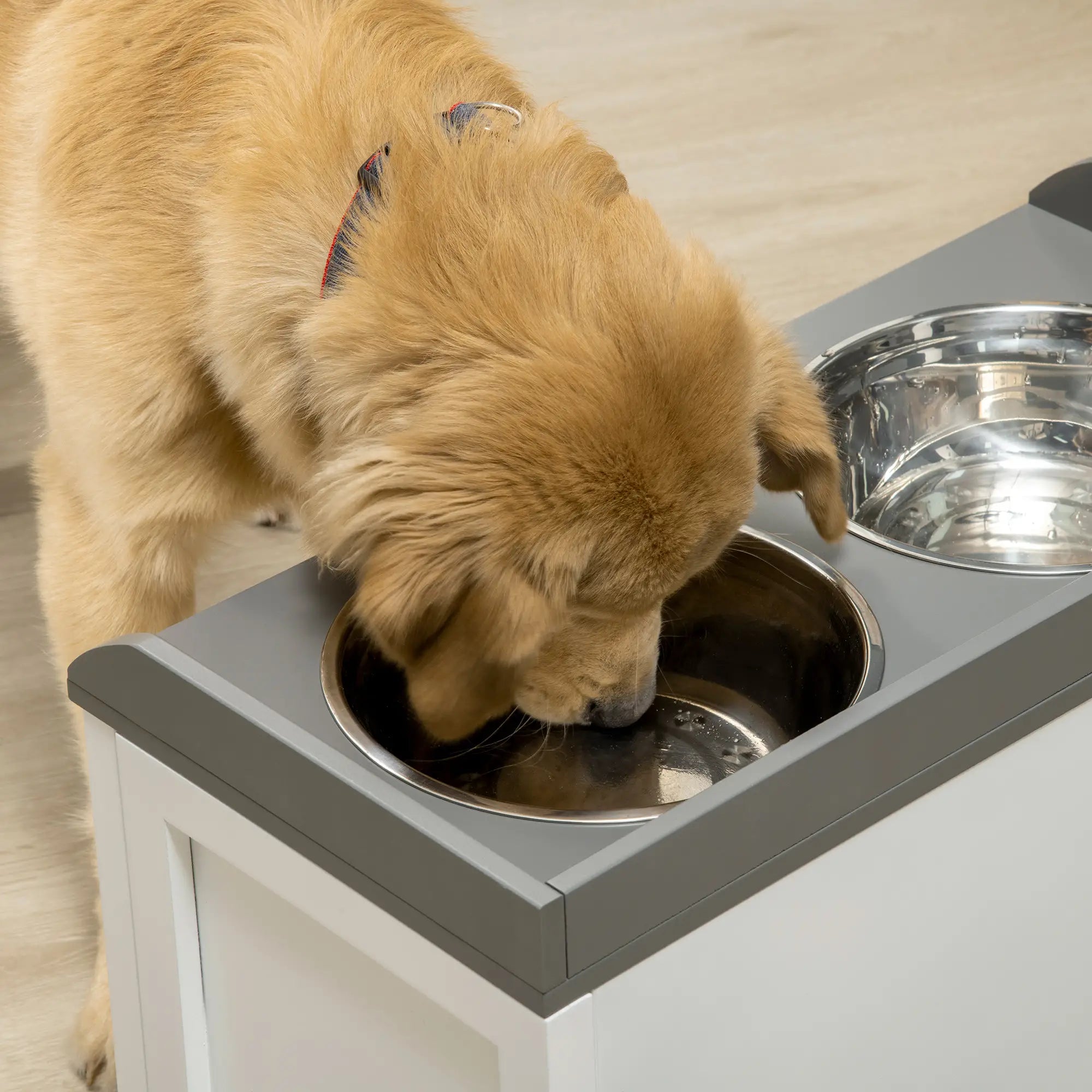 Stainless Steel Raised Dog Bowls, with 21L Storage Drawer for Large Dogs and Cats - White