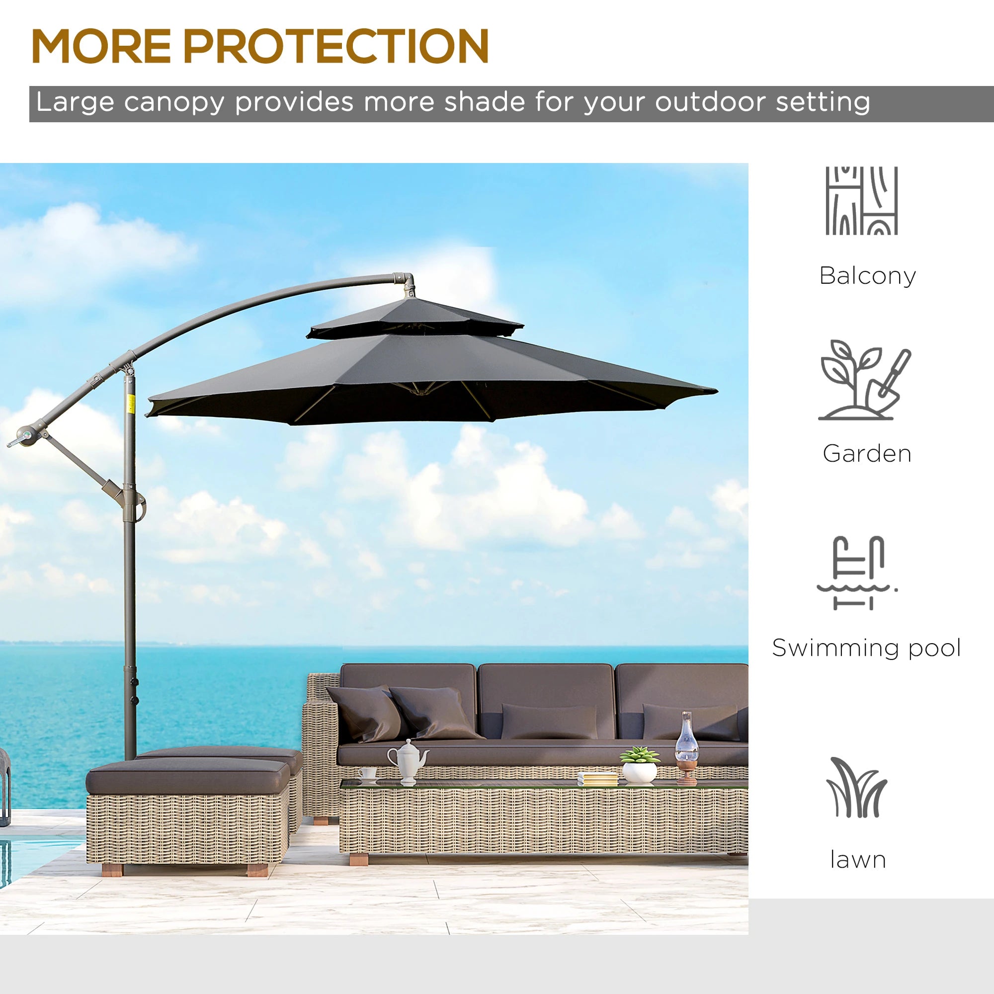 2.7m Banana Parasol Cantilever Umbrella with Crank Handle, Double Tier Canopy and Cross Base for Outdoor, Hanging Sun Shade, Black