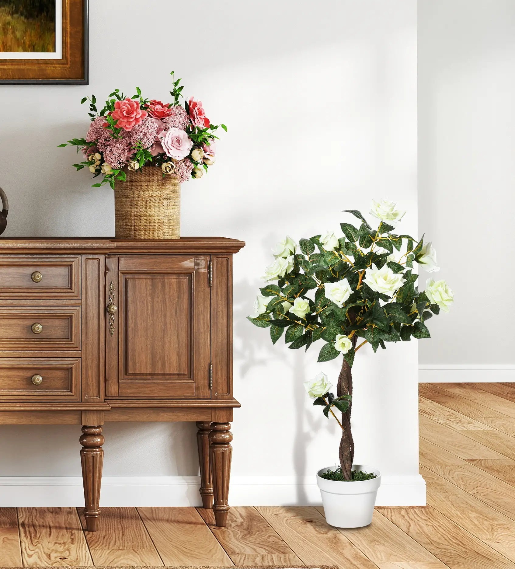 Artificial Plants White Rose Floral in Pot, Fake Plants for Home Indoor Outdoor Decor, 90cm Bargain Clearance Centre