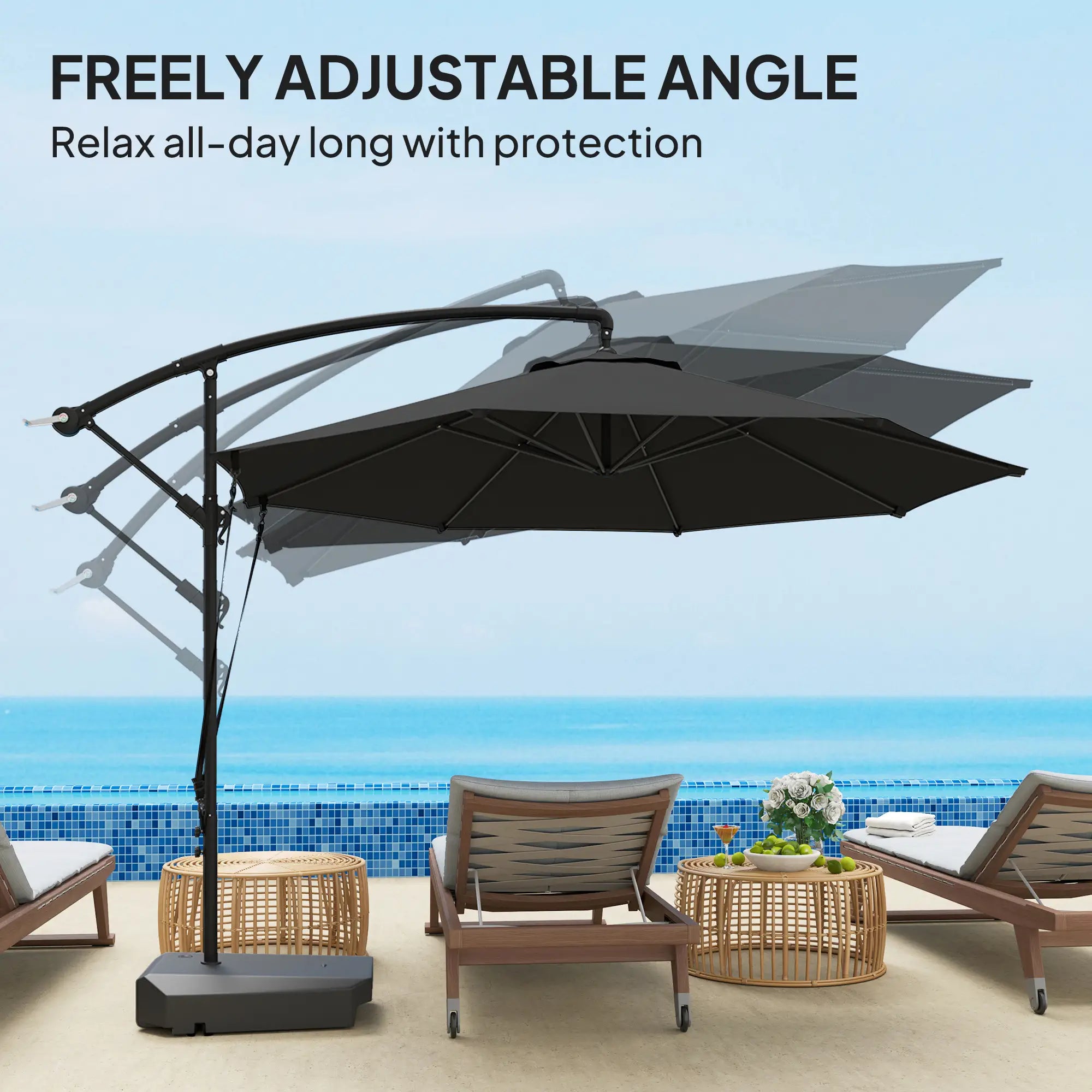 3(m) Garden Cantilever Parasol with Fillable Base up to 90kg, Wind Protection Strap, Cover, Round Banana Hanging Umbrella with Crank Handle and Tilt, UPF50+ Patio Umbrella, Grey