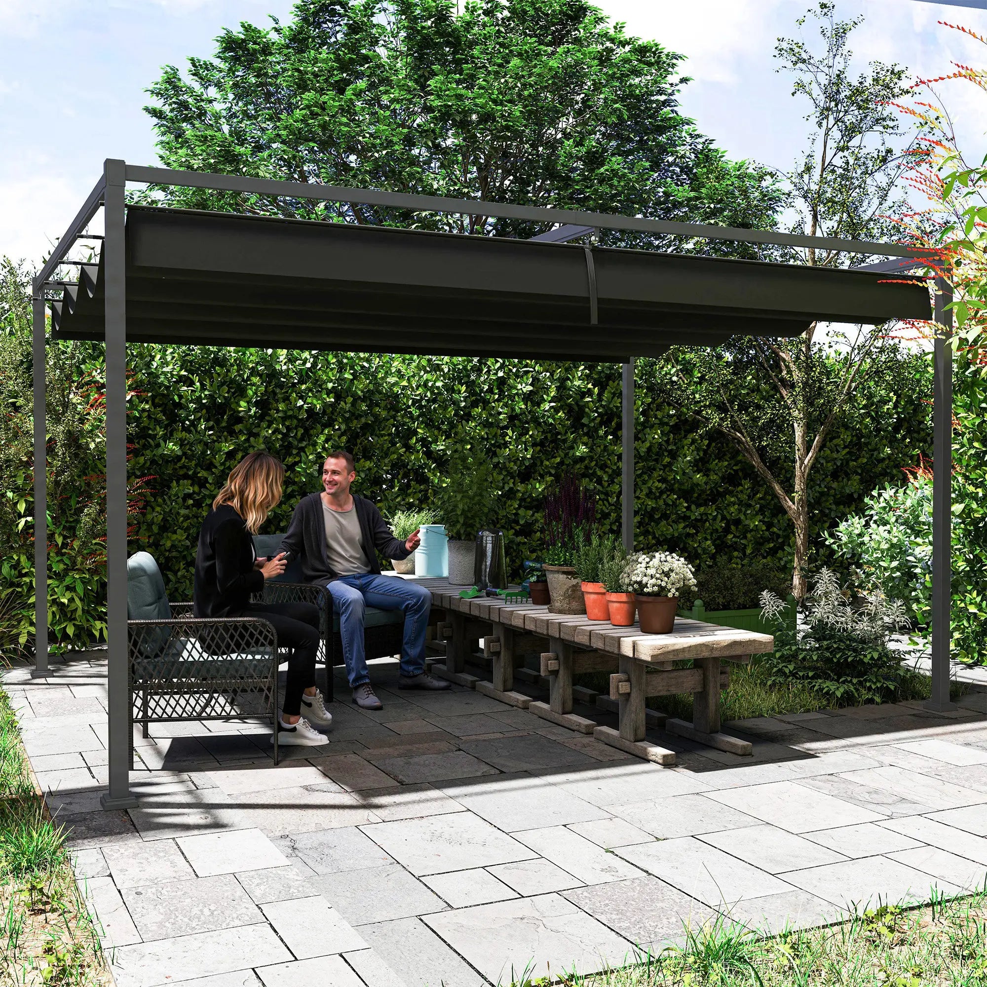 4 x 3m Metal Pergola, with Retractable Canopy Roof - Black Bargain Clearance Centre