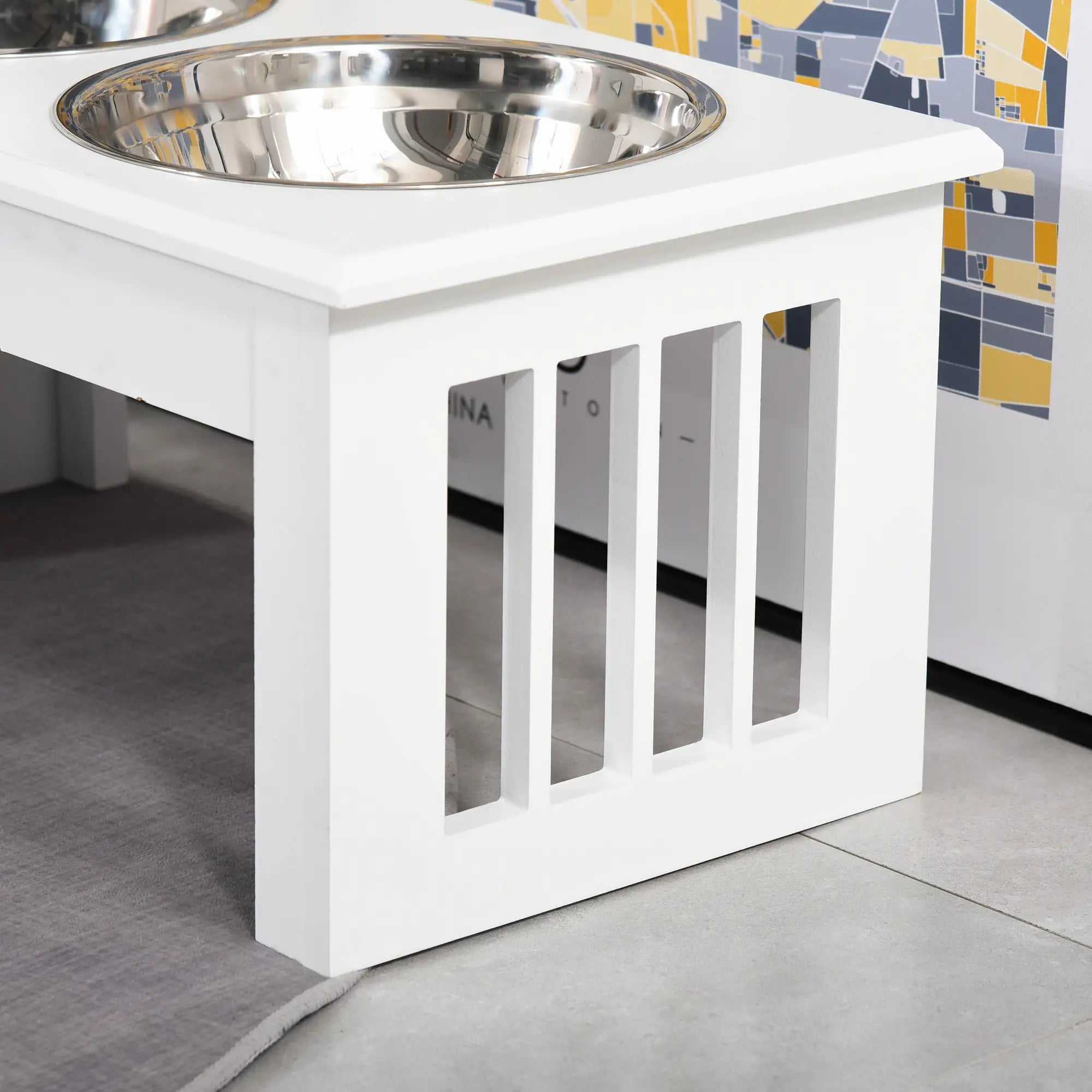 Raised Dog Feeding Bowls with Stand, Stainless Steel for Extra Small and Small Dog, 44L x 24W x 15H cm - White