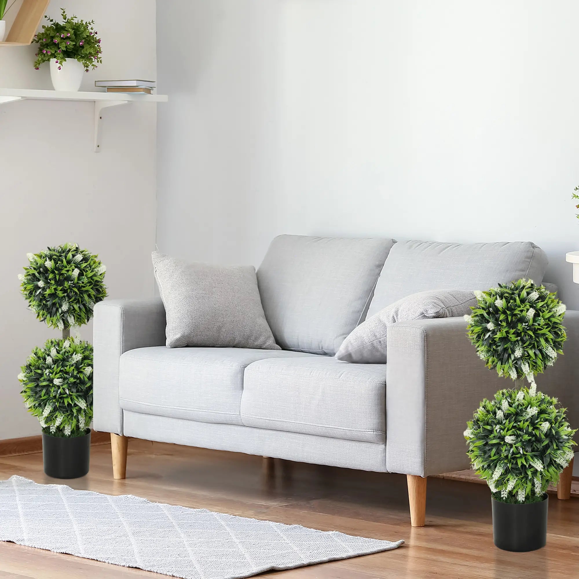 Set of 2 Decorative Artificial Plants Ball Trees with Lavender Flowers in Pot Fake Plants for Home Indoor Outdoor Decor, 70cm, White Bargain Clearance Centre
