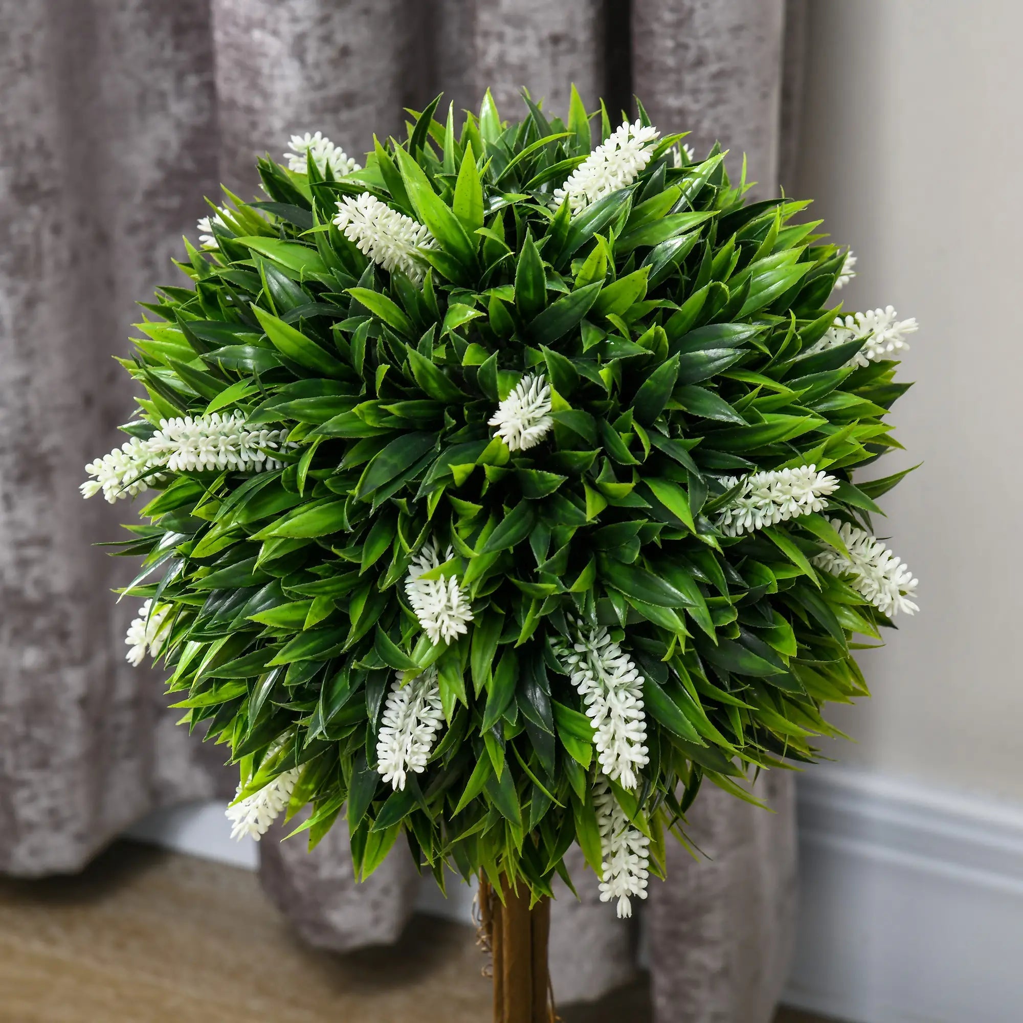 Set of 2 Decorative Artificial Plants Ball Trees with Flower for Home Indoor Outdoor Decor, 60cm ,White Bargain Clearance Centre