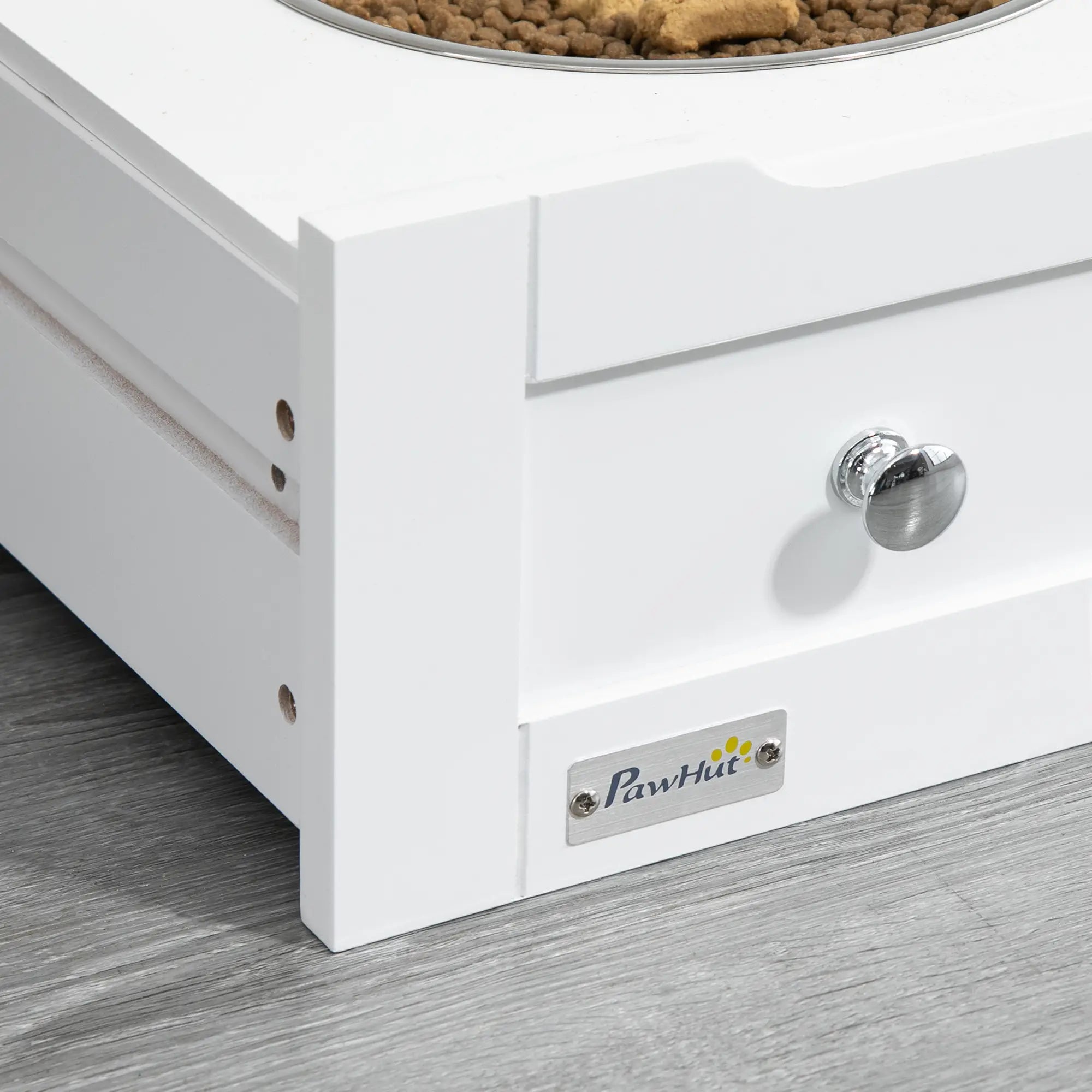 Pet Feeder Station, Dog, Cat Storage Container, with Raised Bowls, Hanger, Cabinet - White
