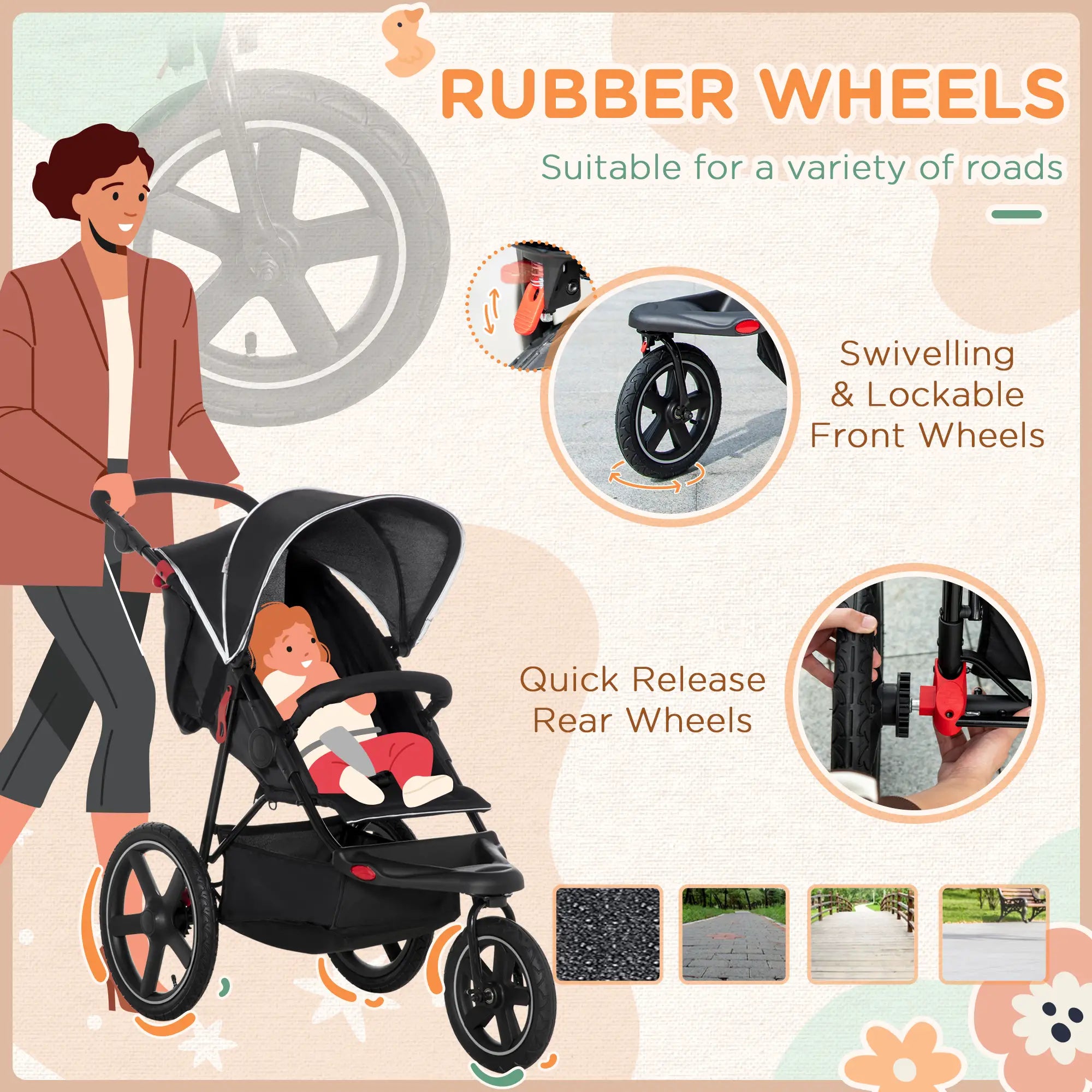 Foldable Three-Wheeler Baby Stroller w/ Canopy, Storage Basket - Black