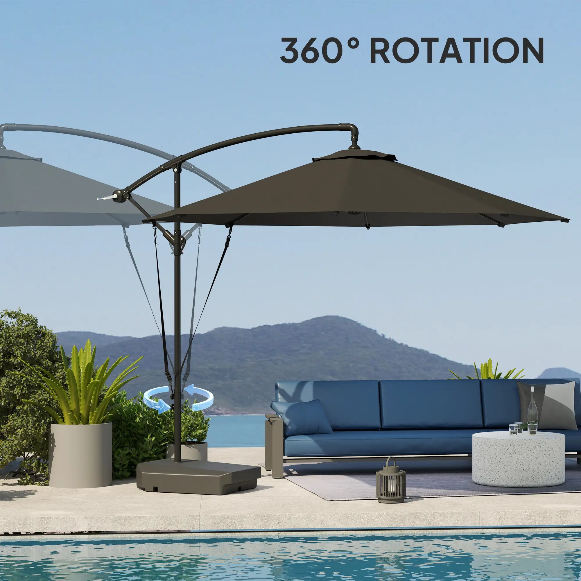 3(m) Garden Cantilever Parasol with Fillable Base up to 90kg, Wind Protection Strap, Cover, Round Banana Hanging Umbrella with Crank Handle and Tilt, UPF50+ Patio Umbrella, Grey