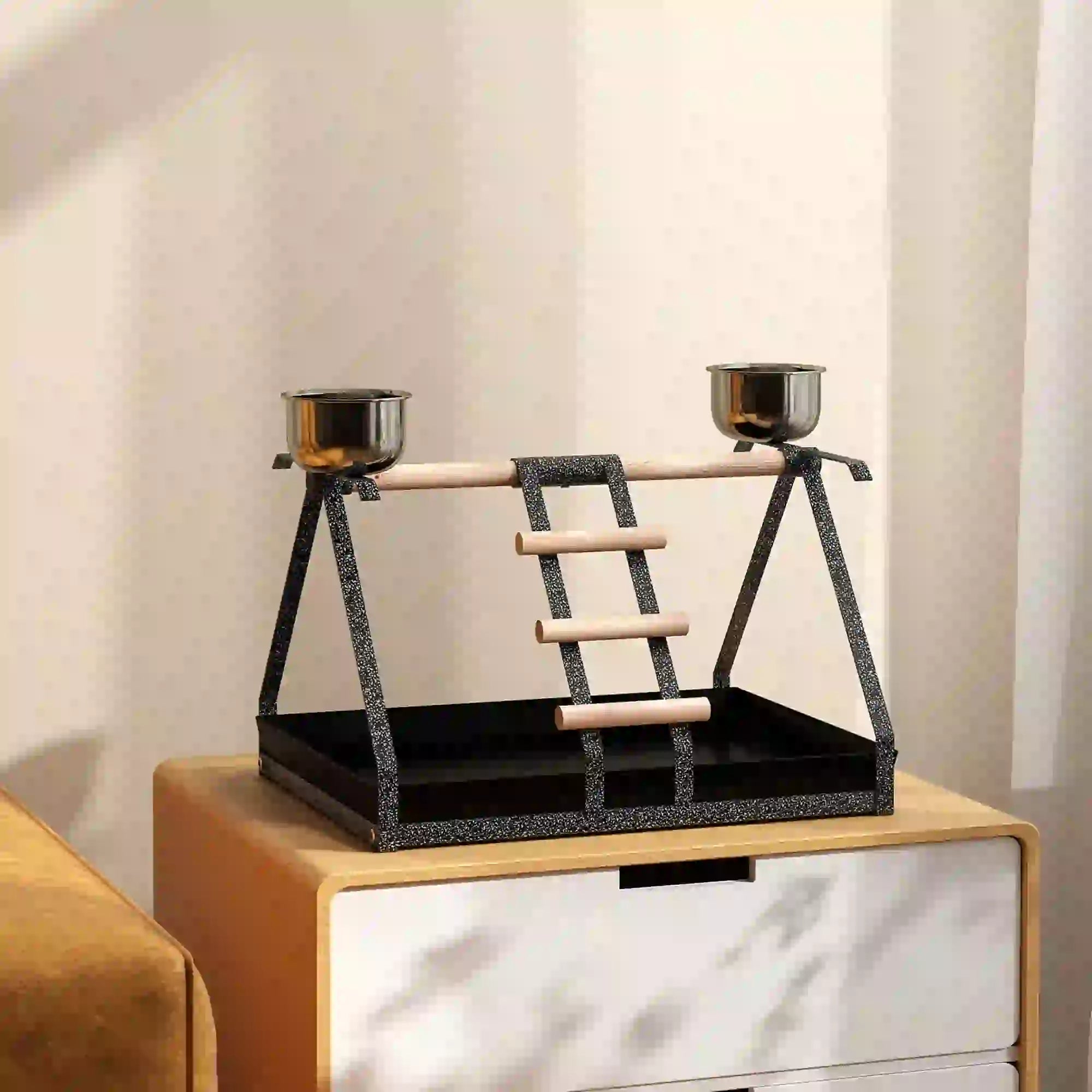 Parrot Stand Bird Stand w/Wood Perch Ladder Feeder Removable Tray