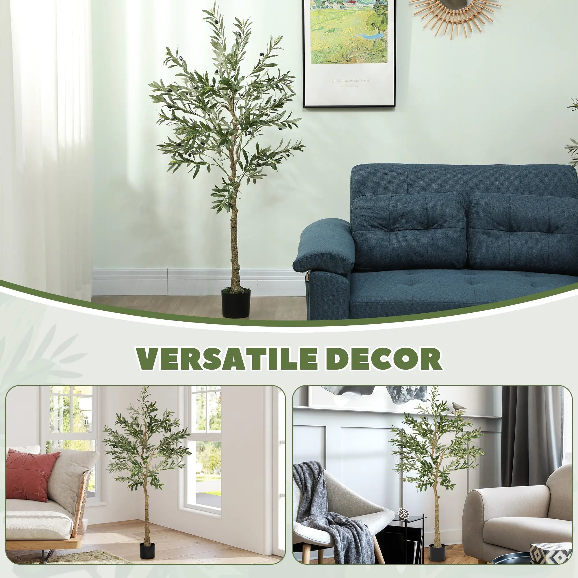 5ft/ 150cm Decorative Artificial Plant, Silk Olive Tree with 720 Leaves and 32 Olive Fruits in Pot, Fake Plant for Home, Office, Living Room, Indoor Decor Bargain Clearance Centre